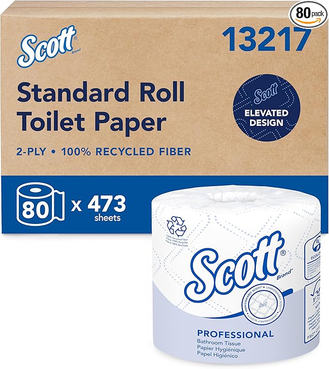 Scott Professional 100% Recycled Fiber Standard Roll Bulk Toilet Paper (13217), 2-Ply, Elevated Design, White, Individually Wrapped (80 Rolls of 473 Sheets, 37,840 Sheet Total) Scott Professional 100% Recycled Fiber Standard Roll Bulk Toilet Paper (13217), 2-Ply, Elevated Design, White, Individually Wrapped (80 Rolls of 473 Sheets, 37,840 Sheet Total)