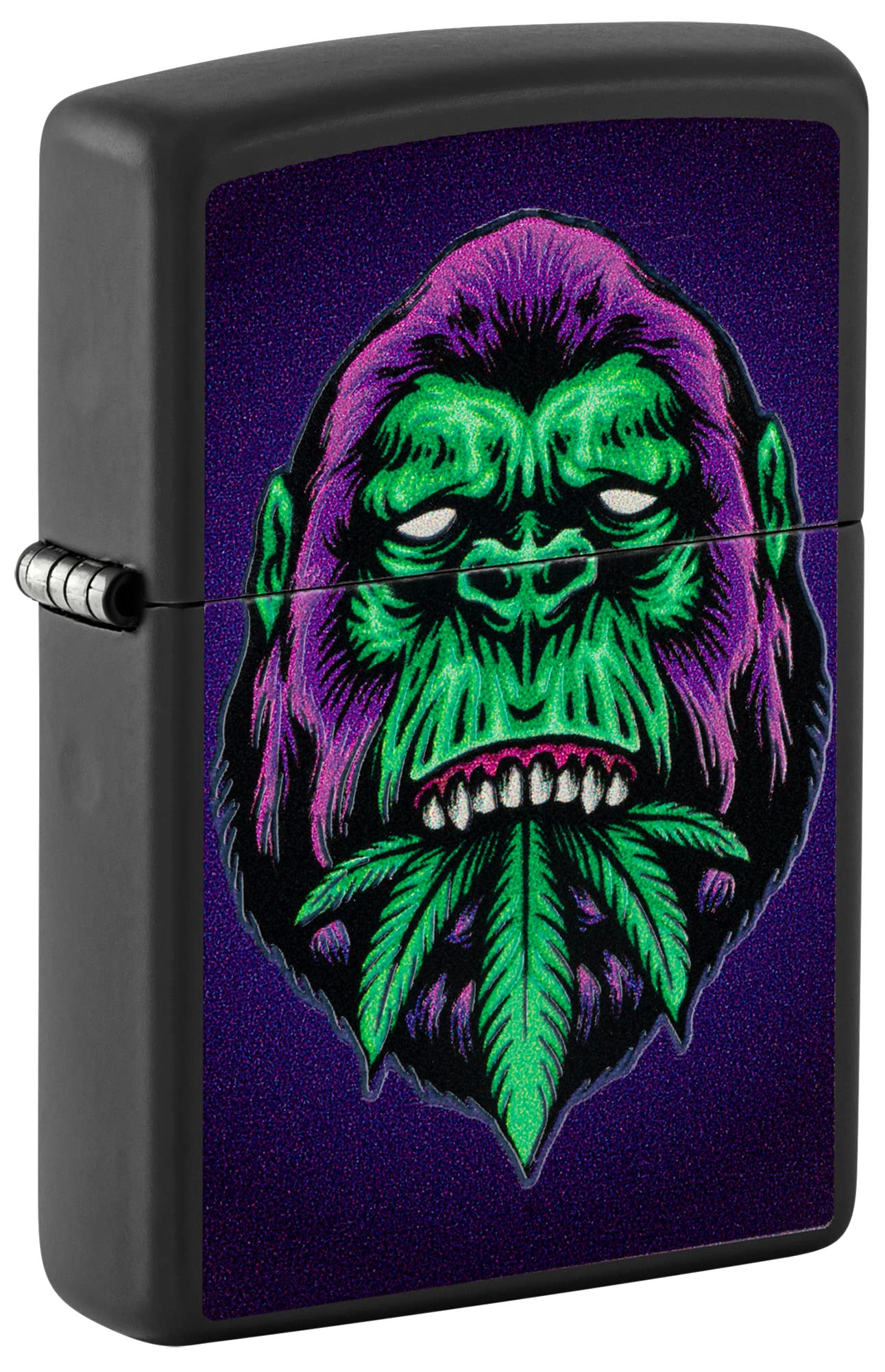 Zippo Encendedor a Prueba de Viento Recargable - Cannabis Gorilla Acabado Negro Mate Efecto Luz Negra