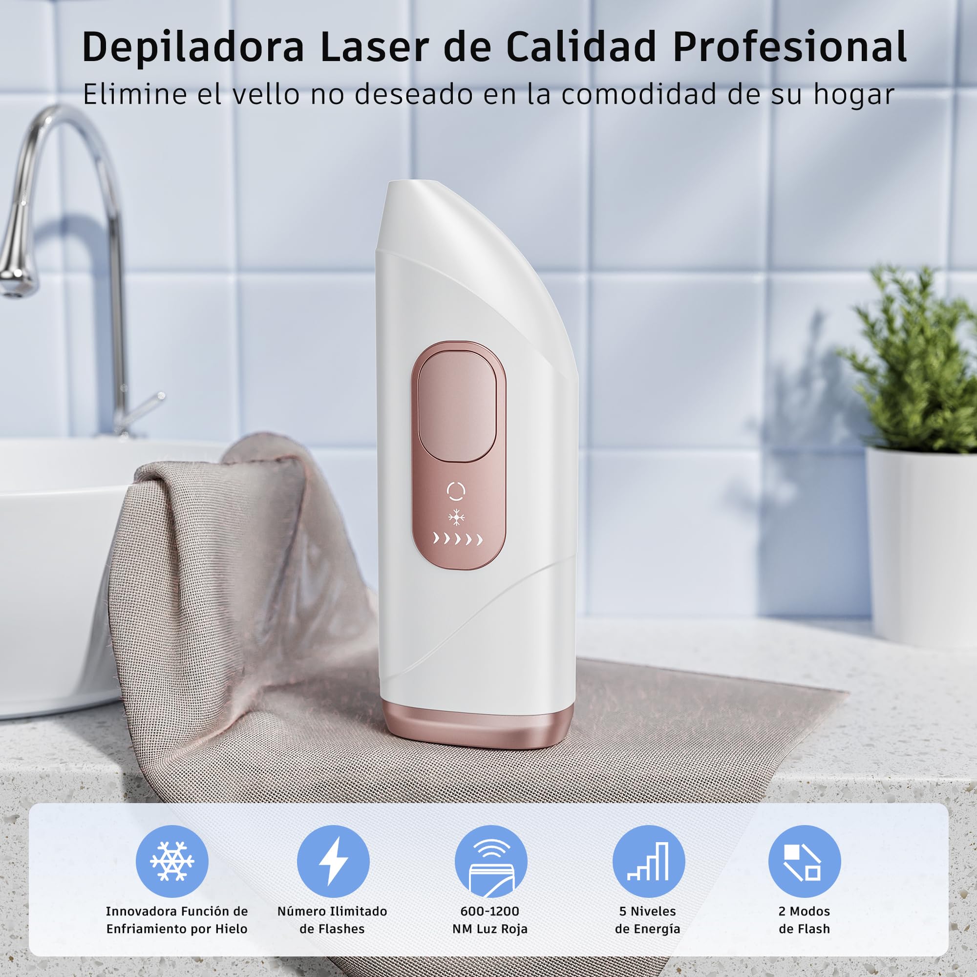 Depiladora Laser Mujer con Función de Refrigeración, IPL Depiladora Luz Pulsada con Destellos Ilimitados, 5 Niveles de Energía, 600-1200 NM Luz Roja, Maquina Laser Depilacion para Bikini, Axilas, Cara