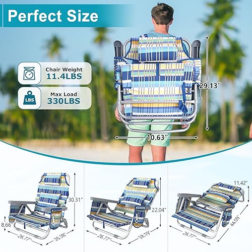 Miniatura 2 de Suteck Silla de playa, mochila ajustable de 5 posiciones, sillas de playa para adultos y niños, silla plana plegable con bolsa enfriadora,