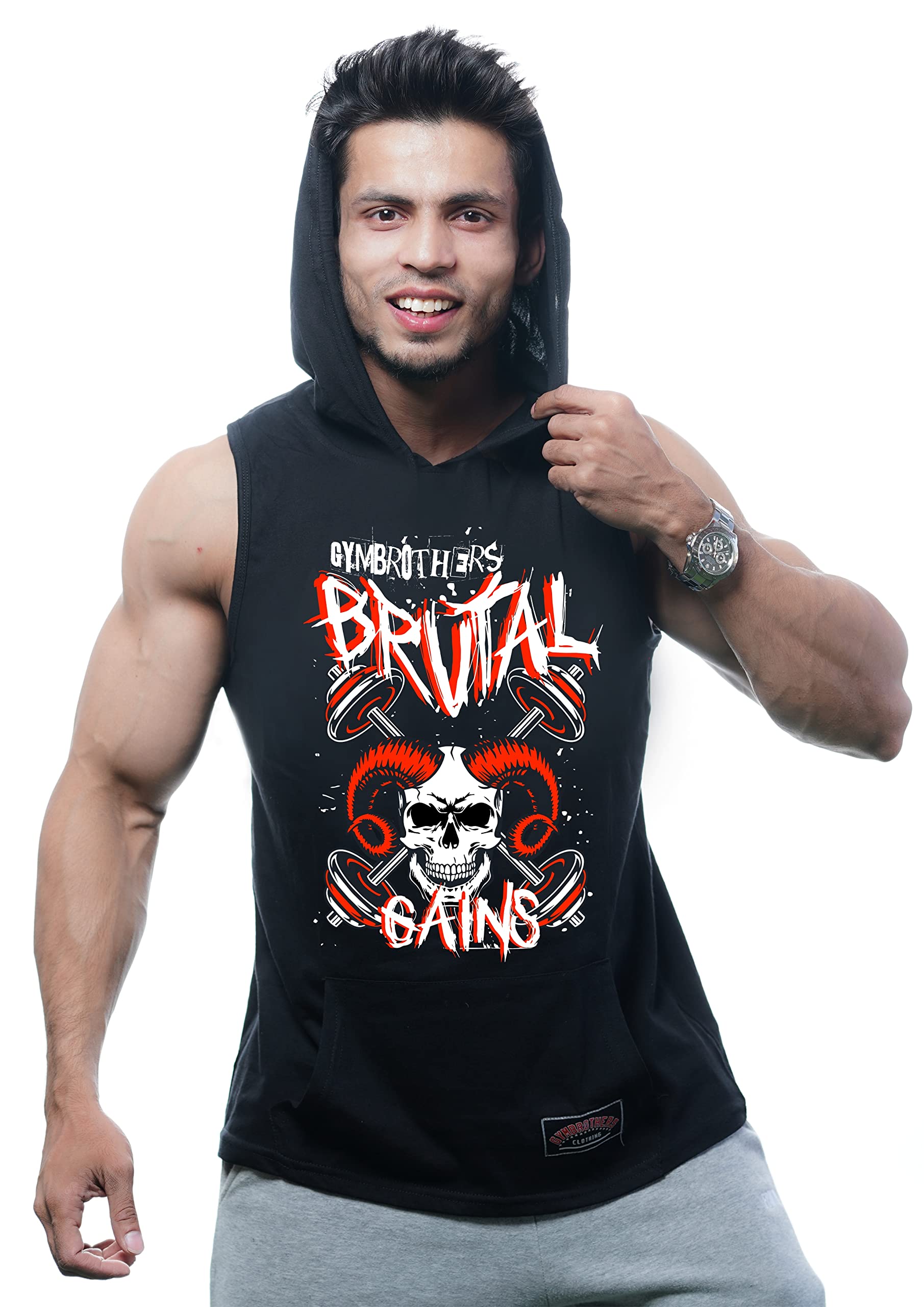 GYMBROTHERSMen's Workout Hooded Body Building Muscle Cut Off Brutal Gains Gym Hoodie Black (S)