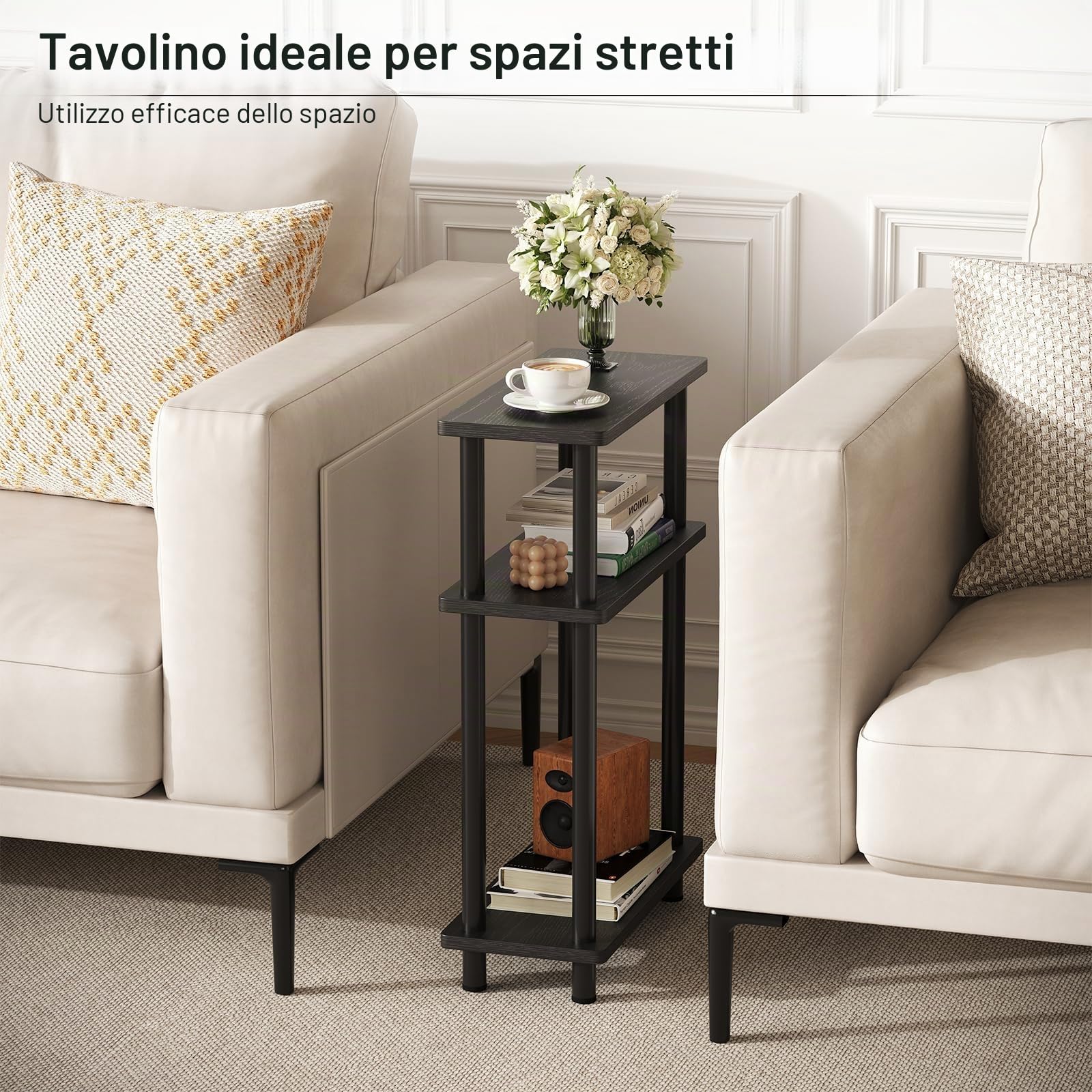 APICIZON Tavolino Laterale Stretto, Tavolino da Divano Laterale a 3 strati, 40x18x61.5CM, Tavolino da Caffè Moderno Piccolo, Tavolino Piccolo Adatto per Soggiorno, Camera da Letto, Nero