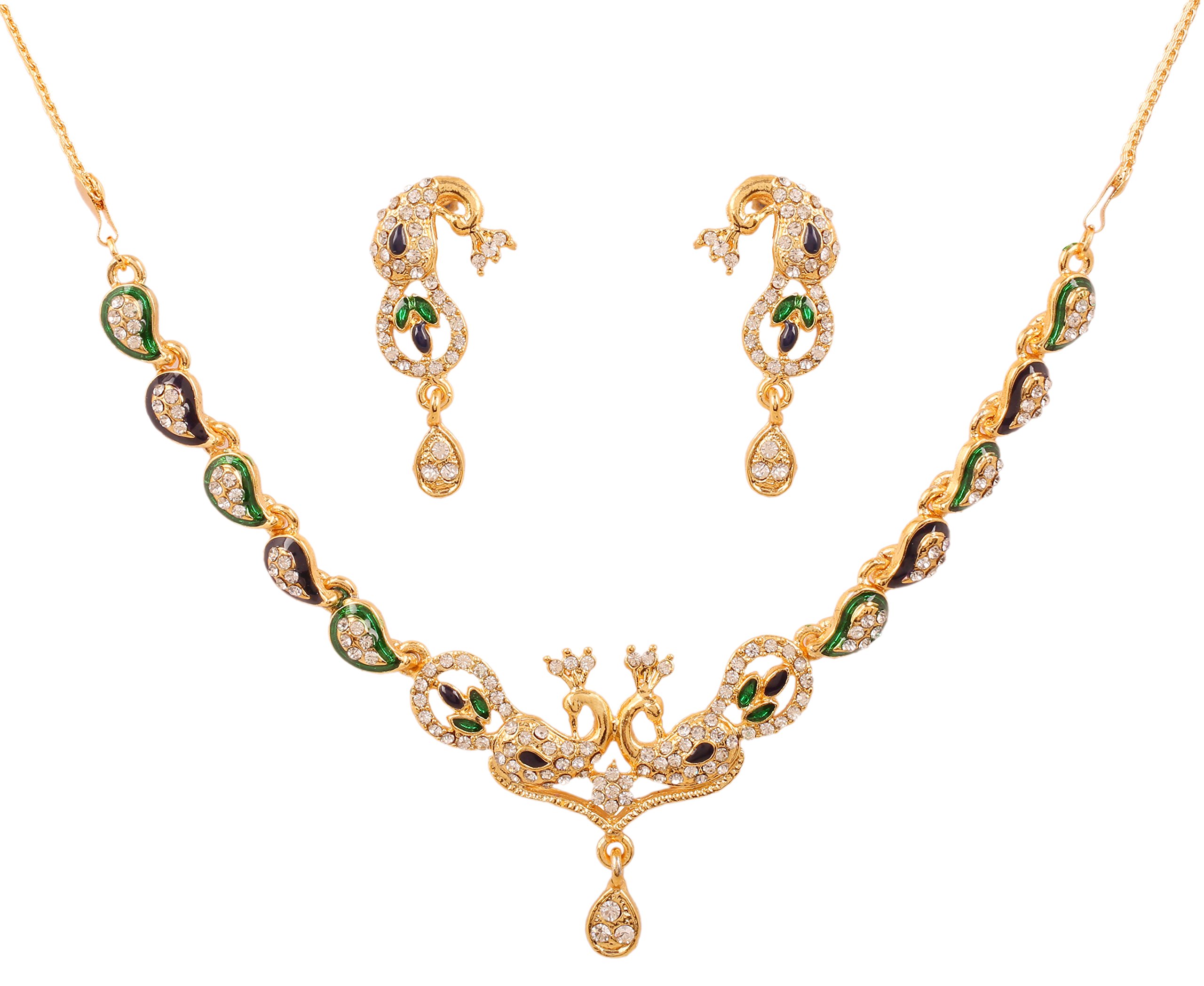 Touchstone Indian Bollywood Traditional Studded Look Rhinestone Sapphire Drops Designer Jewelry Necklace Set in Antique Gold Tone for Women.