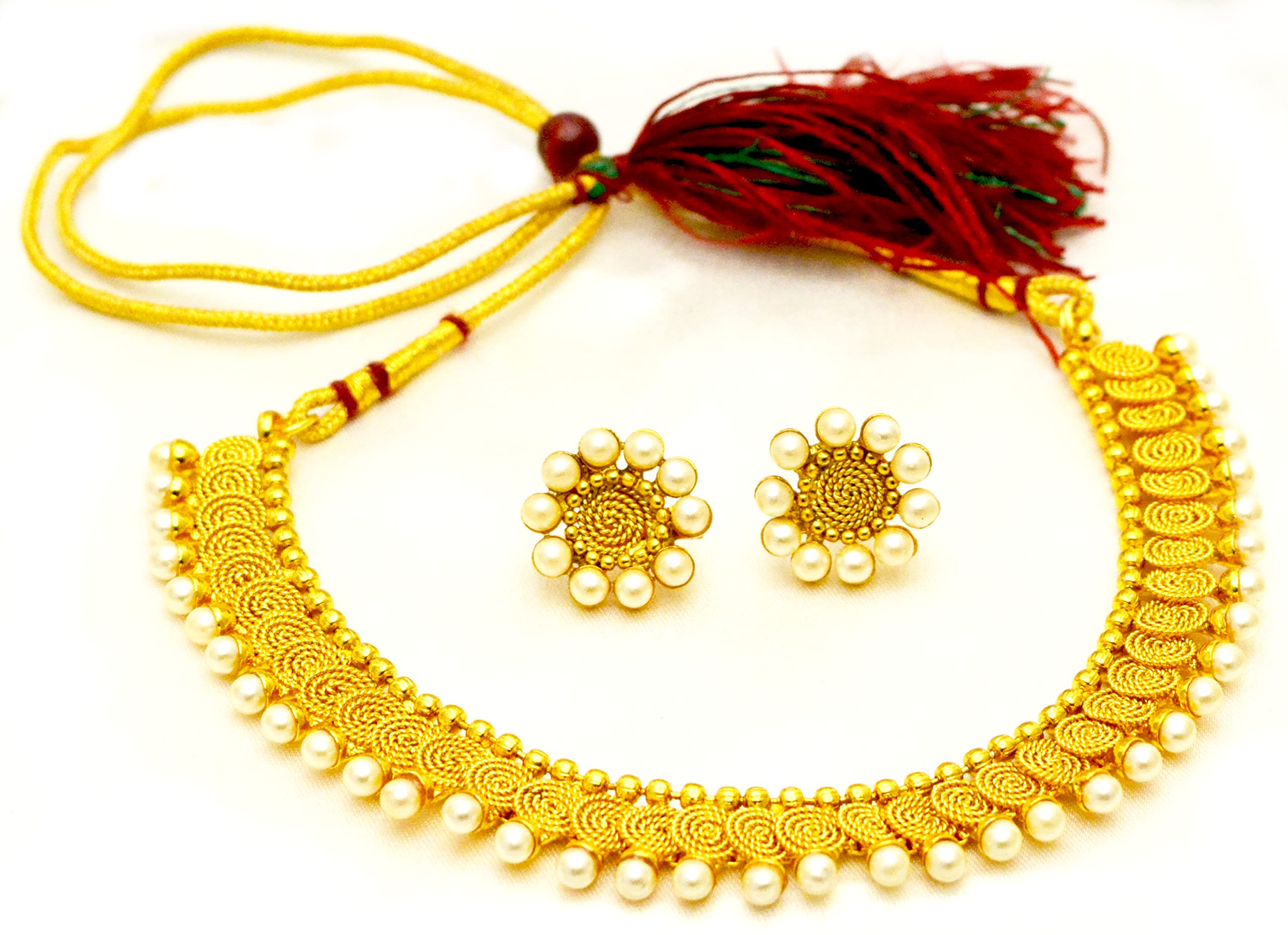 JEWELOPIAGold Plated Traditional Pearl Twisted Coin Choker Necklace set with Earrings for Women & Girls