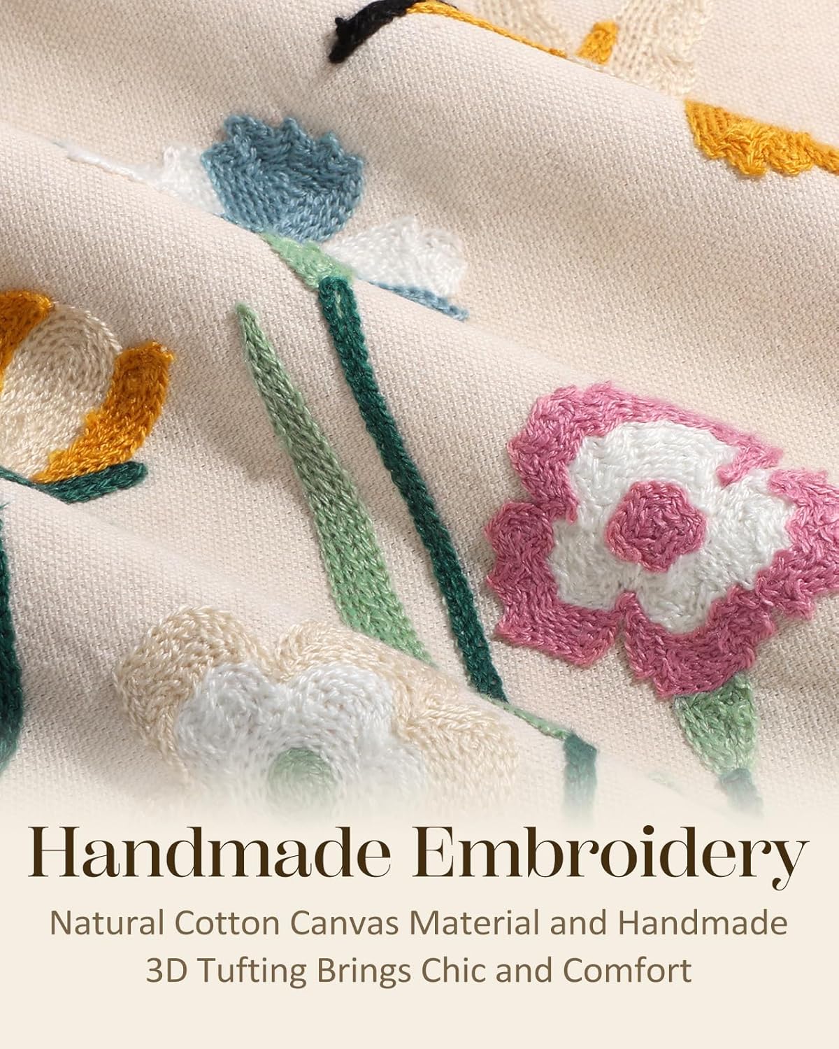 Embroidered Throw Pillow Cover 18x18 Inch - Spring Summer Boho Decorative Pillow Cover with Zipper for Living Room Couch Sofa Bed Aesthetic Design Flower Bird Cushion Pillowcase - Image 2