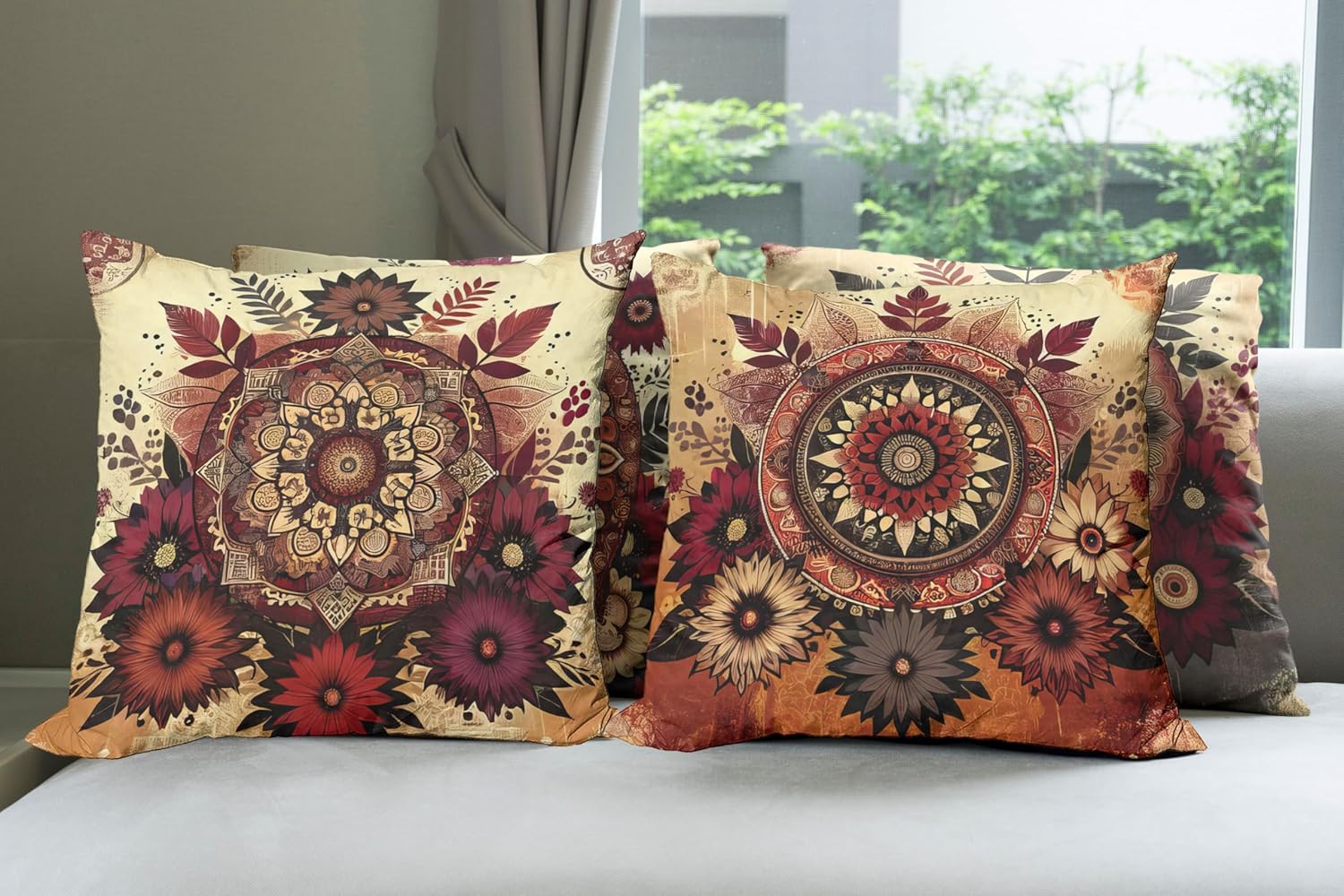 Ambesonne Mandala Throw Pillow Cushion Cover Set of 4, Bohemian Traditional Circles and Flowers on Rustic Boho Background, Decorative Accent Double-Sided Printing, 20", Burnt Orange and Raspberry