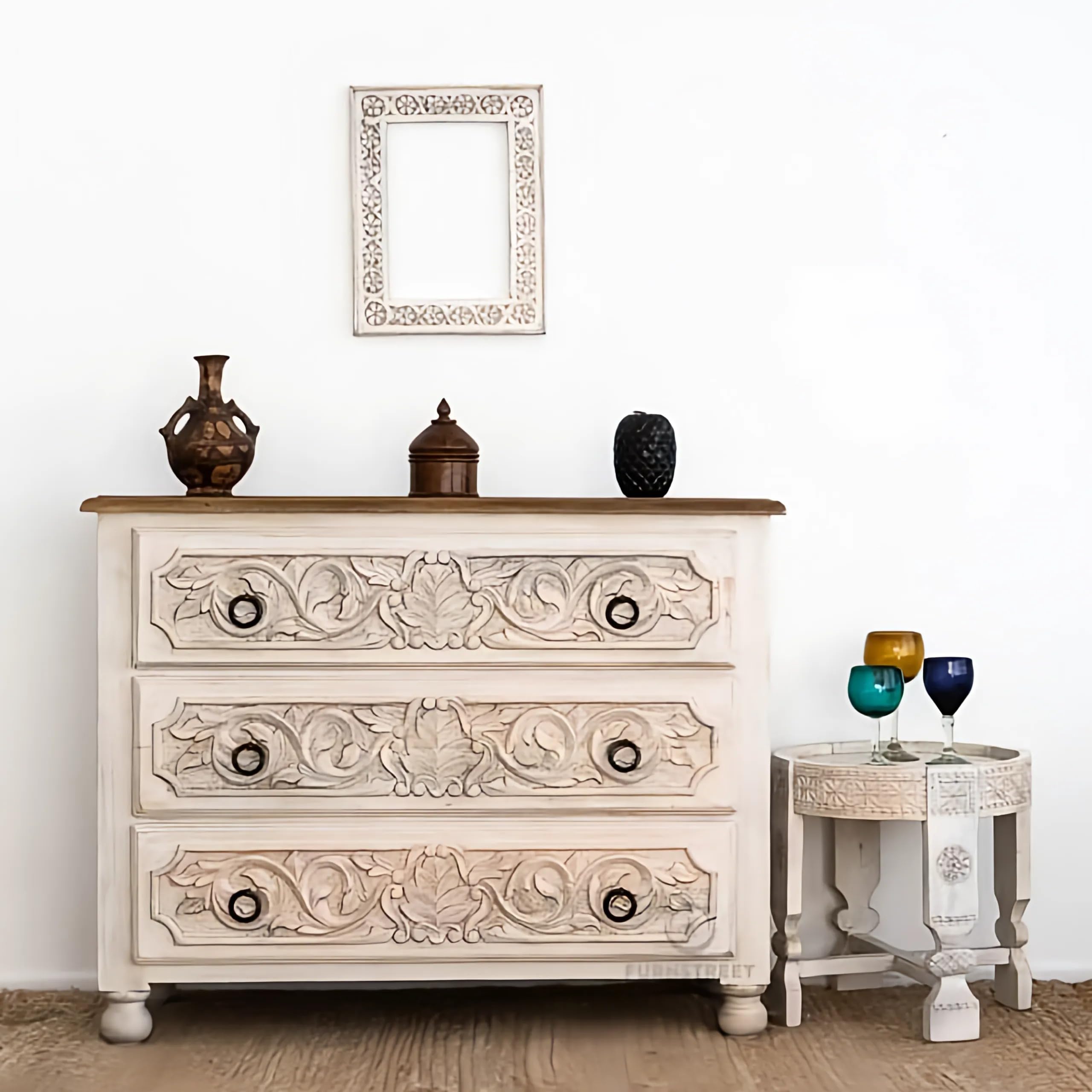 FURNSTREET FURNITURE Chest of Drawers with 3 Drawers Grey Carved Flower Mango Wood Solid - 40D x 90W x 82H Centimeters