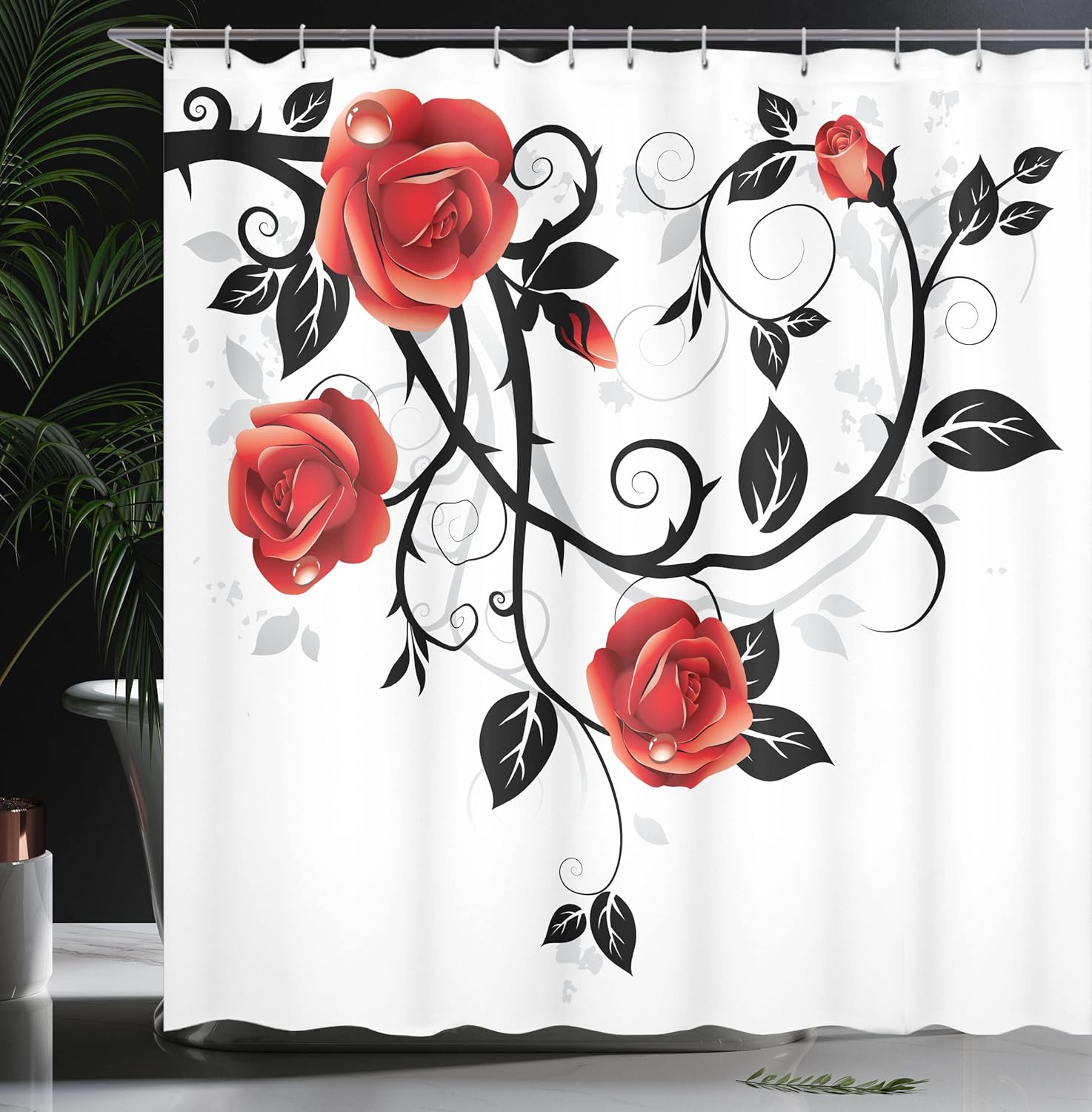Ambesonne Gothic Shower Curtain, Ornate Swirling Branches Roses Garden Flower Grunge Style European, Cloth Fabric Bathroom Decor Set with Hooks, 69" W x 70" L, Vermilion Black White