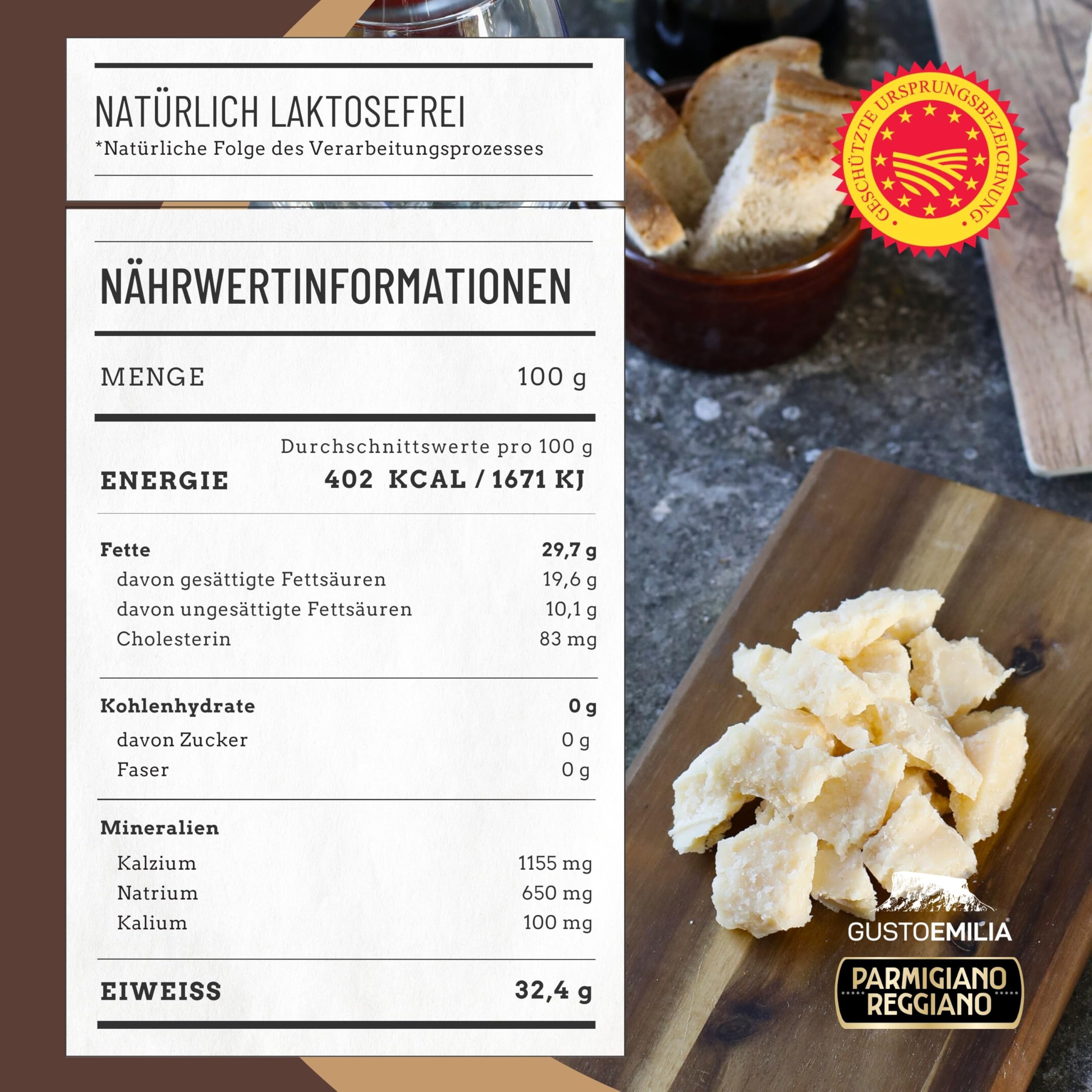 GUSTOEMILIA Berg-Parmigiano Reggiano Käse 36 Monate gereift - Ideal für Pasta, Brot, Salate, Snacks und Früchte - Italienischer gereifter Parmesan Käse 2,2 lb (1 kg)