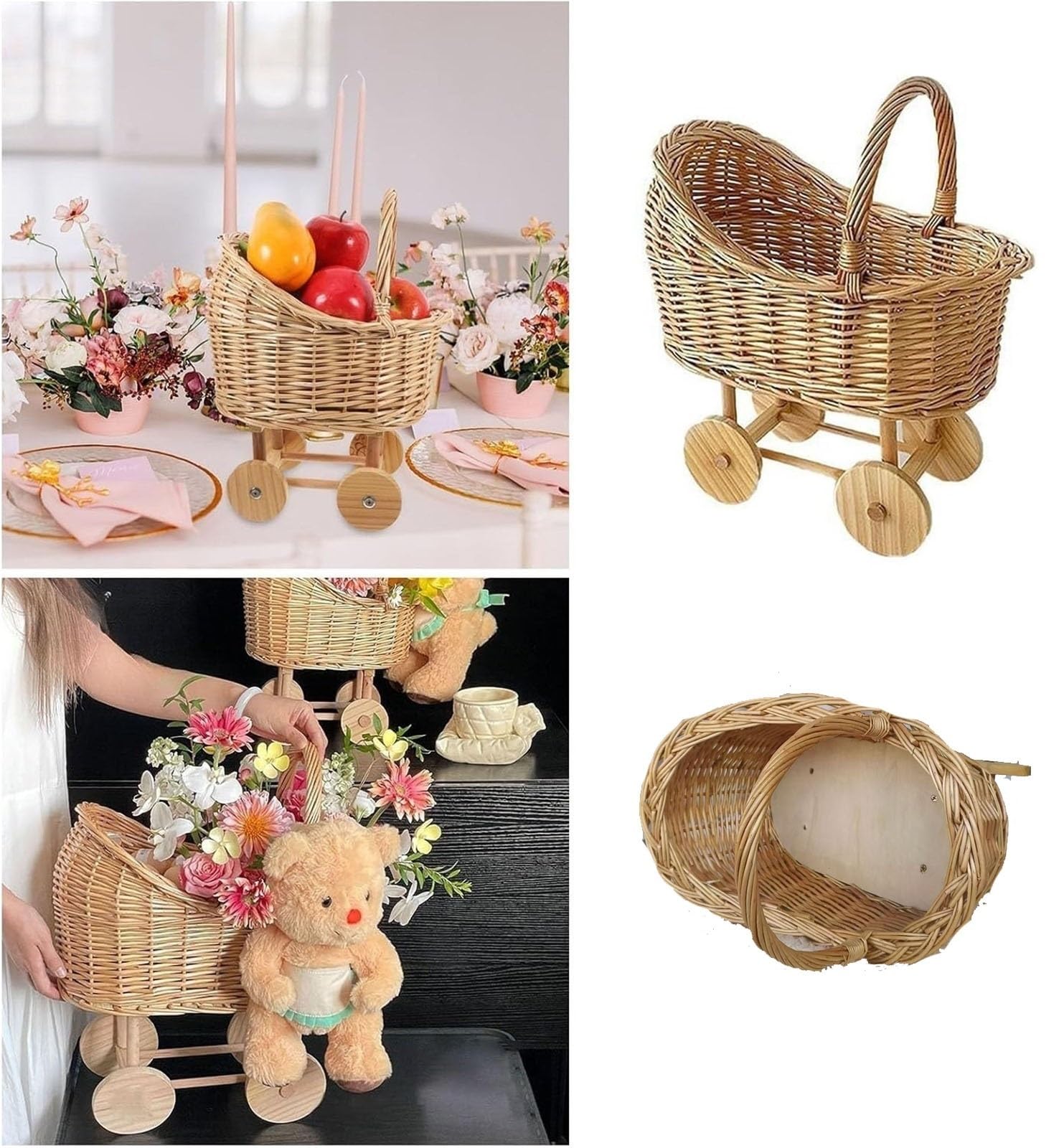 Blumenkorb in Kinderwagenform aus geflochtenem Rattan mit Griff, Blumenhalter for Picknicks, vielseitiger Trolley, dekorativer Süßigkeitenkorb for Hochzeiten, Partys und Blumenarrangements(Smaller)