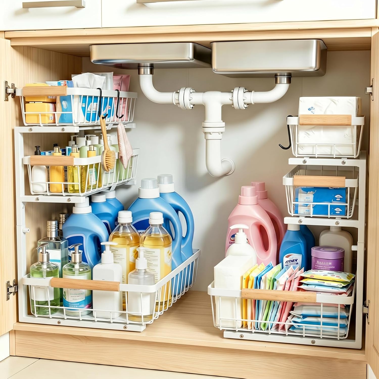 3 Tier Grid Pull Out Organizer White 2 Pack Sliding Rack | White grid dual organizer set for stable multi layer storage in kitchen bathroom and under sink cabinet organization