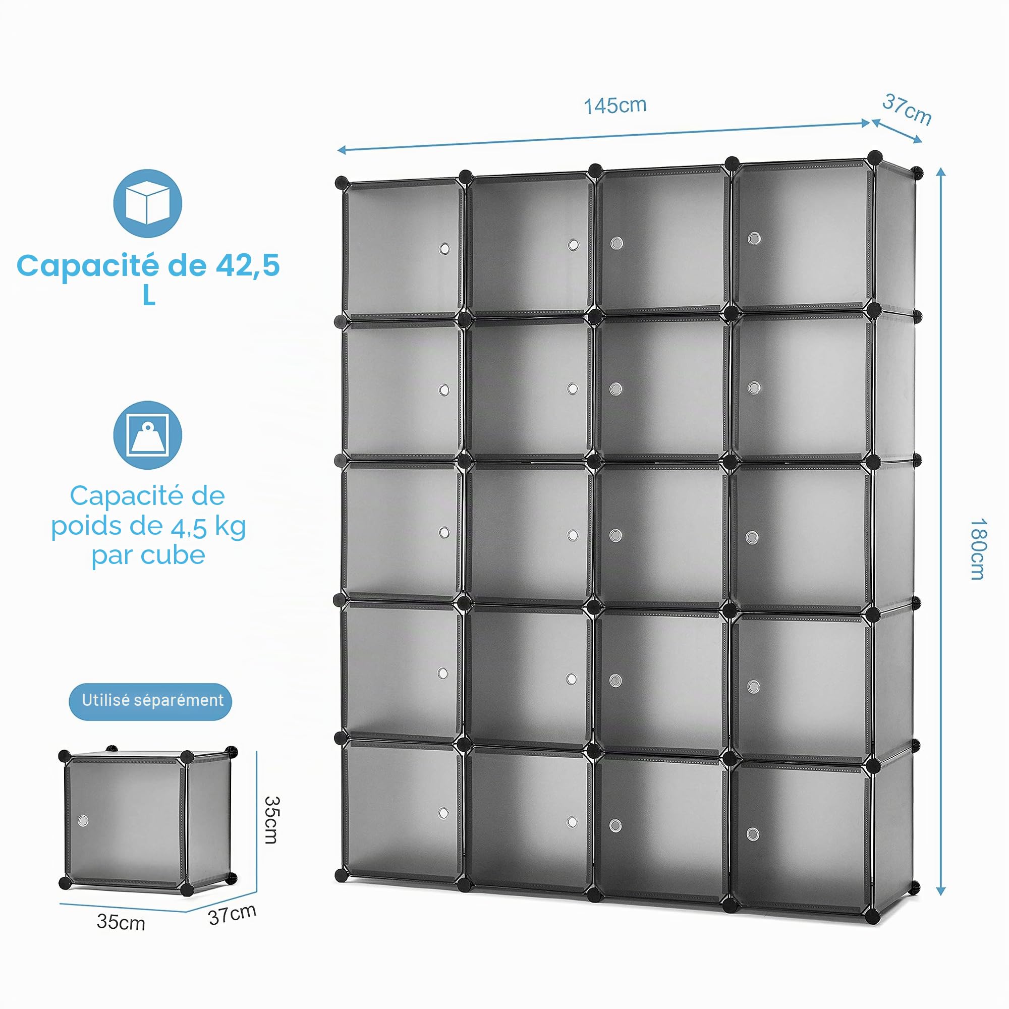 Mondeer Armoire Penderie Portable 20 Compartiments,Plastique,Modulaire,Gris | Étagère à Rangement avec Porte,Cubes de Stockage ,Crochet,Cadre en Acier,Vêtements, Accessoires, Jouets,Chambre