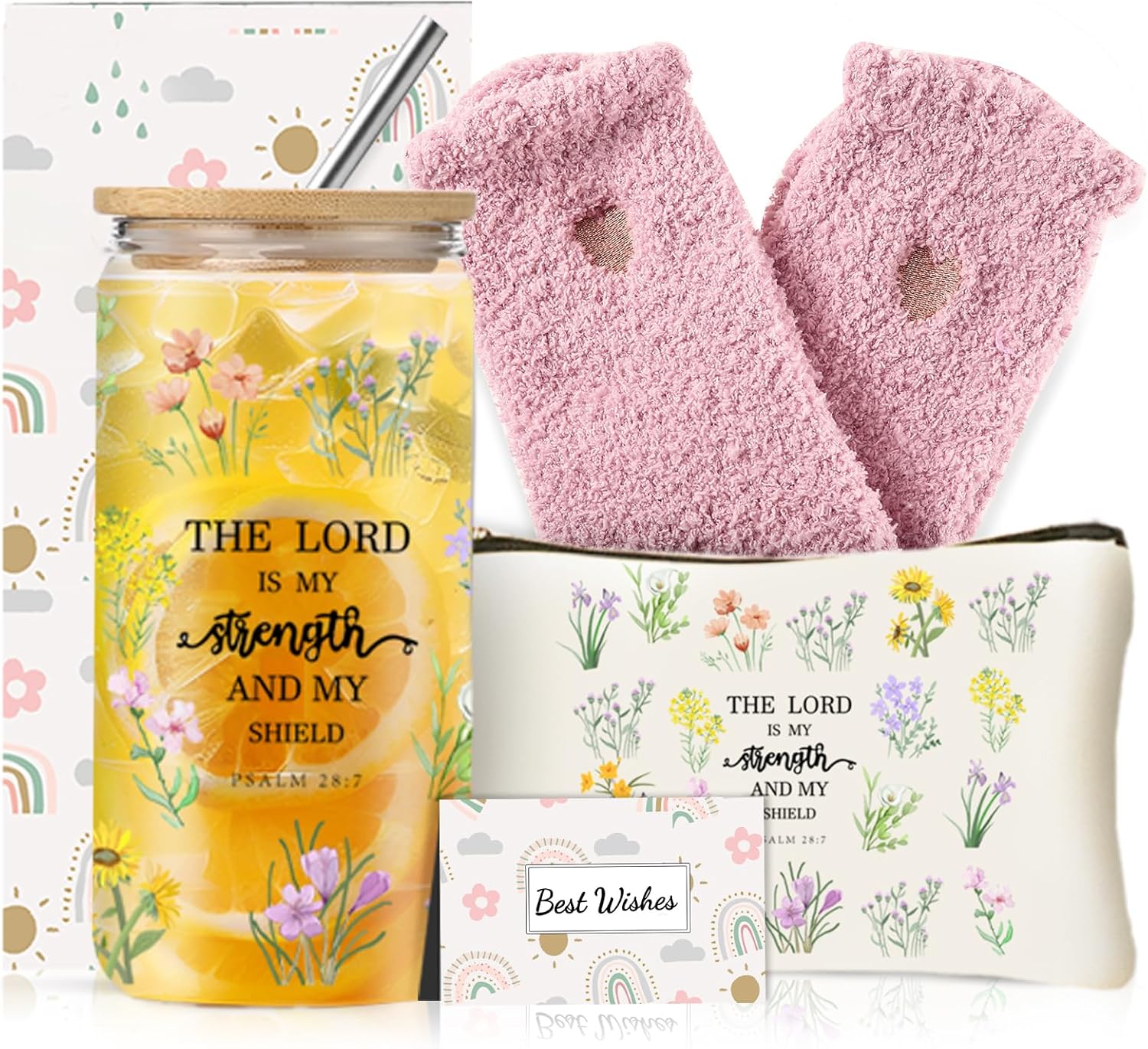 DHQH Christian Gifts for Women, 16OZ Glass Cup Gift Set with Makeup Bag, Inspirational Religious Catholic Gifts, Birthday Christmas Ideas Present for Mom Faith Lovers