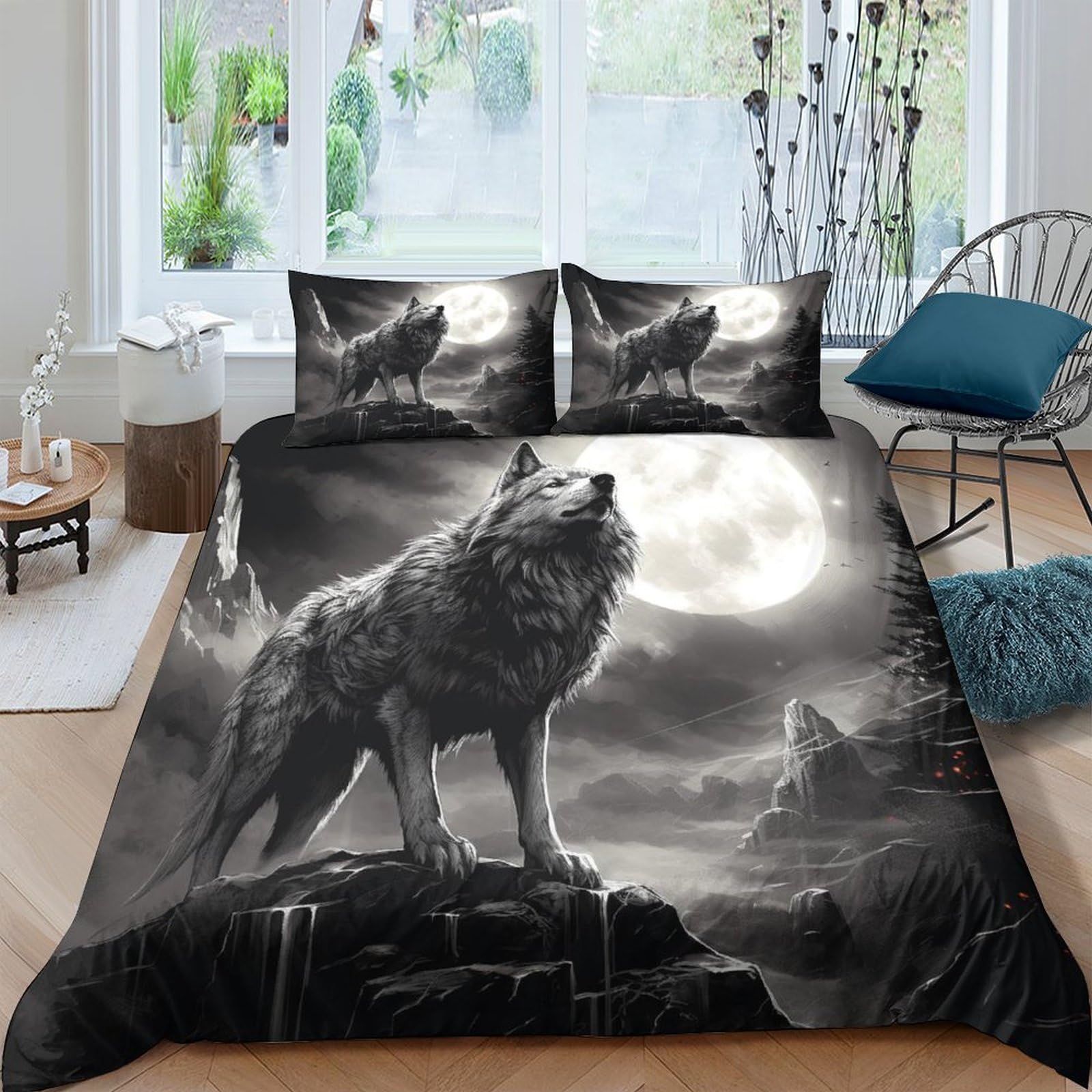 HOTGE Animal Wolf Bedding Set For Girls Boys Gift Kids 3D Printed Moon Galaxy Duvet Cover Set With Pillowcases Quilt Cover Soft Bedroom Bedspread King（220x240cm）