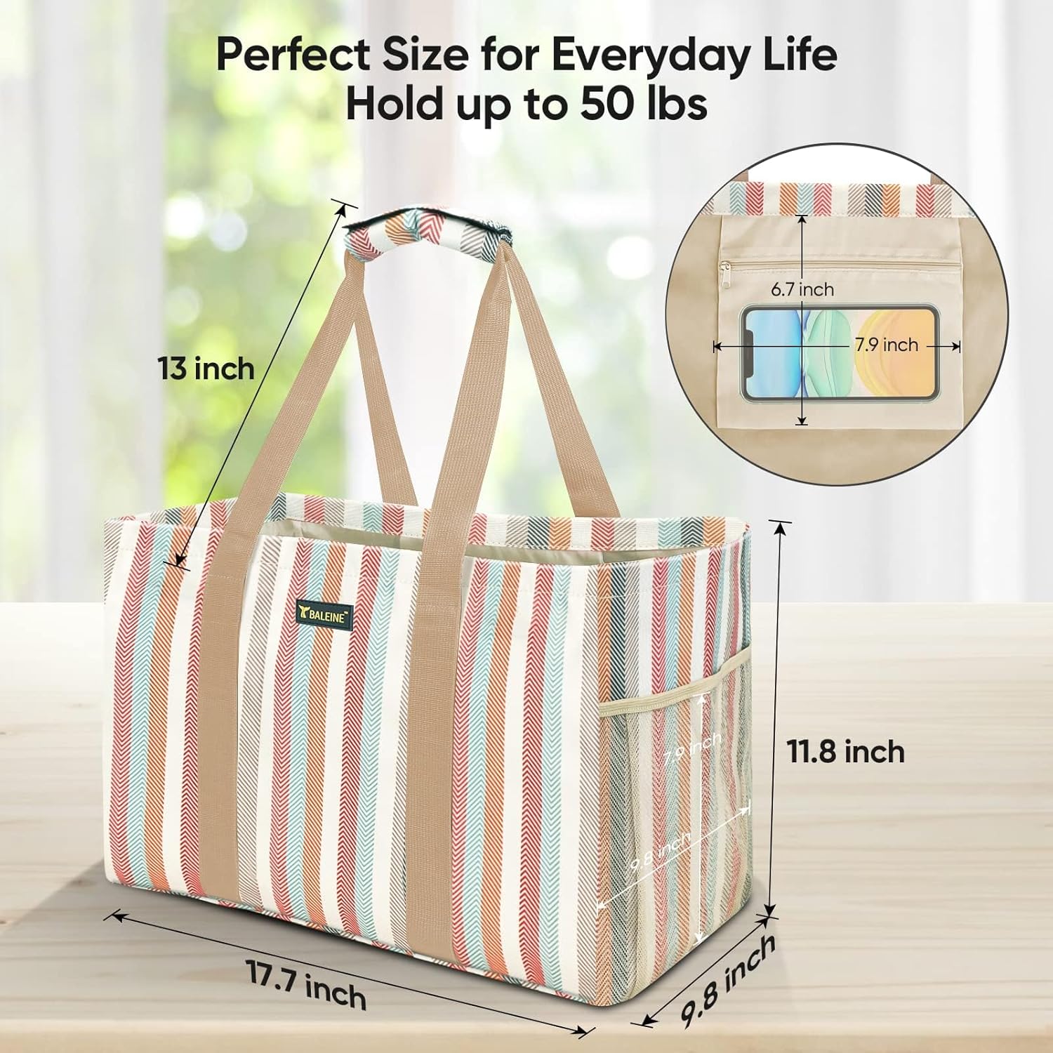 BALEINE Soft 9 Gallon Extra Large Utility Tote, Foldable Reusable Storage Bag (Color Stripe) - Image 4