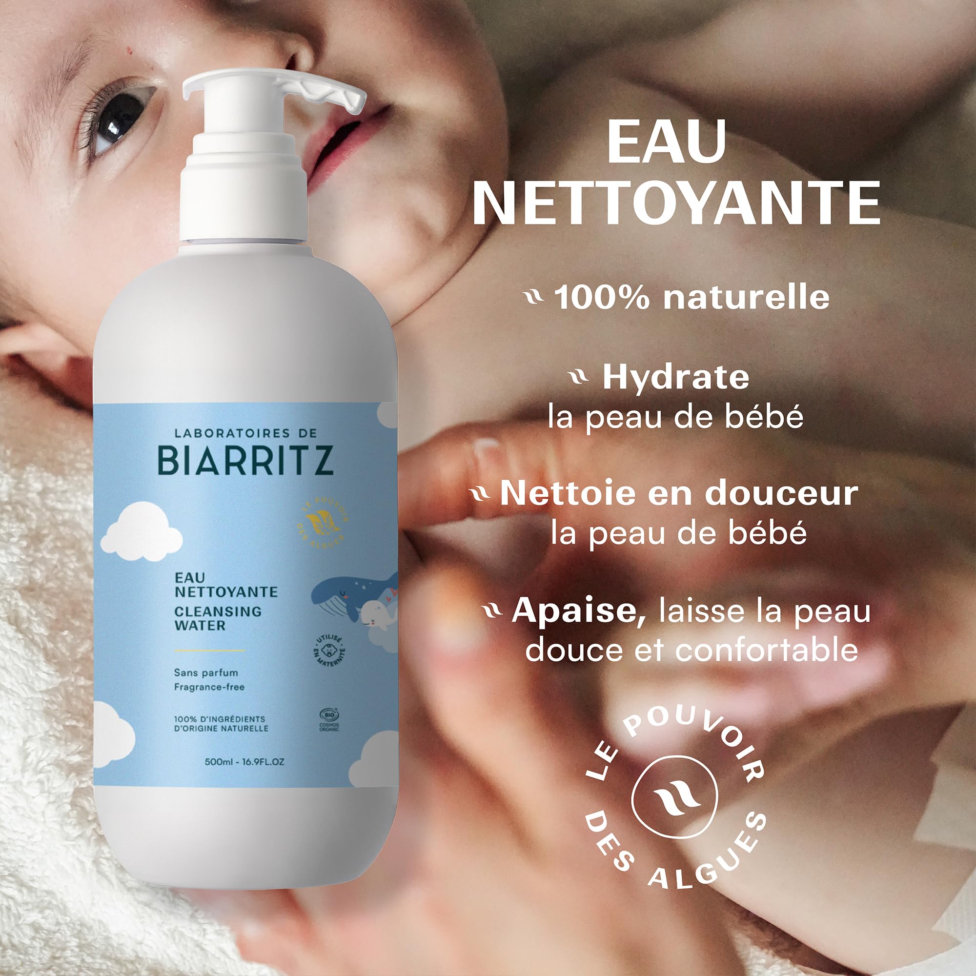 Laboratoires de Biarritz - Eau Nettoyante Micellaire pour Bébé - Certifiée Bio - Apaise et Rafraîchit la Peau - Visage, Corps, Mains & Siège - 500 ml - Fabriquée en France