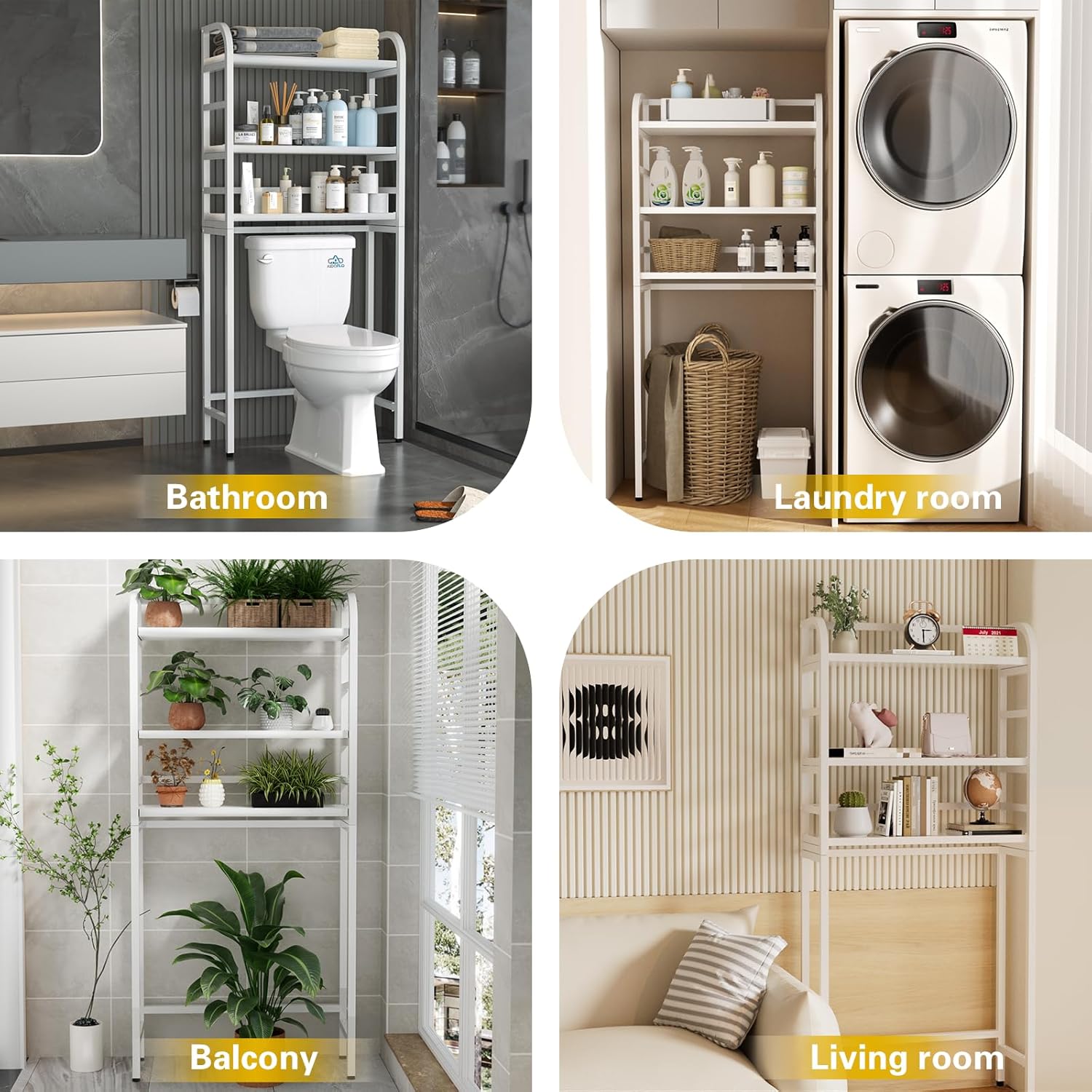 3-Tier Over The Toilet Storage Rack, Freestanding Bathroom Organizer Metal Frame Toilet for Small Spaces, Bathroom, Balcony, Laundry (White)