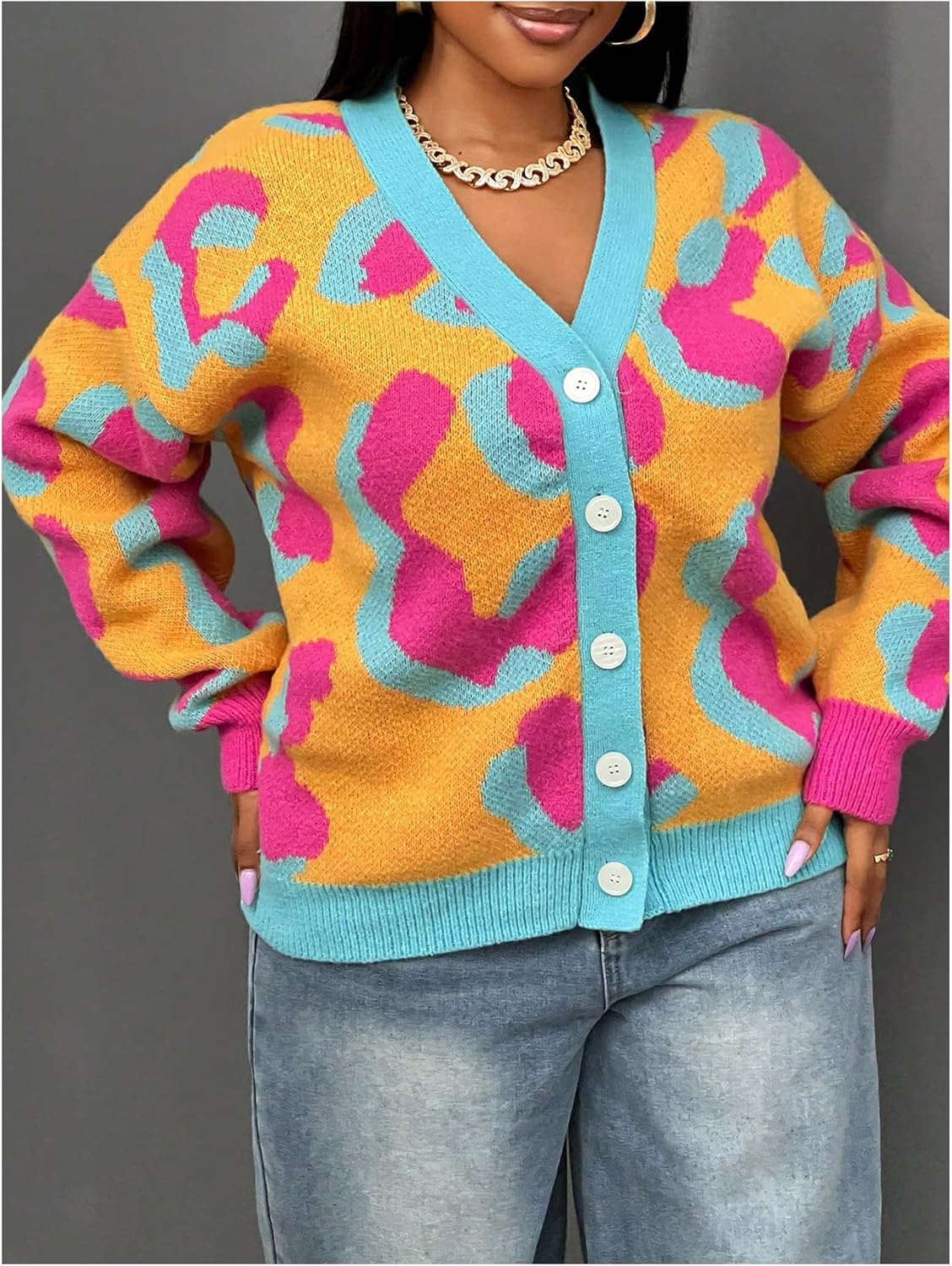 WDIRARA Women's Floral Button Down Cardigan Sweater Oversized V Neck Long Sleeve Knit Outerwear - Image 4