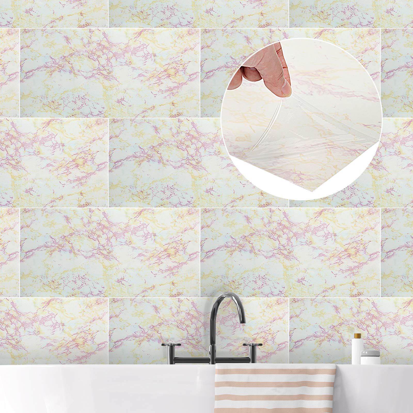 ENCOFTTile Stickers Beige Marble Pattern for Kitchen Bathroom Waterproof 6 Pieces Peel and Stick Wall Stickers Self Adhesive Wallpaper 30x60cm