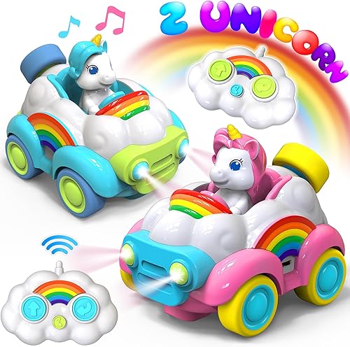 HopeRock Juguetes de unicornio con control remoto, juguetes para edades de 2 a 4 años, juguetes para niñas de 3 años, paquete de 2 con luces LED,