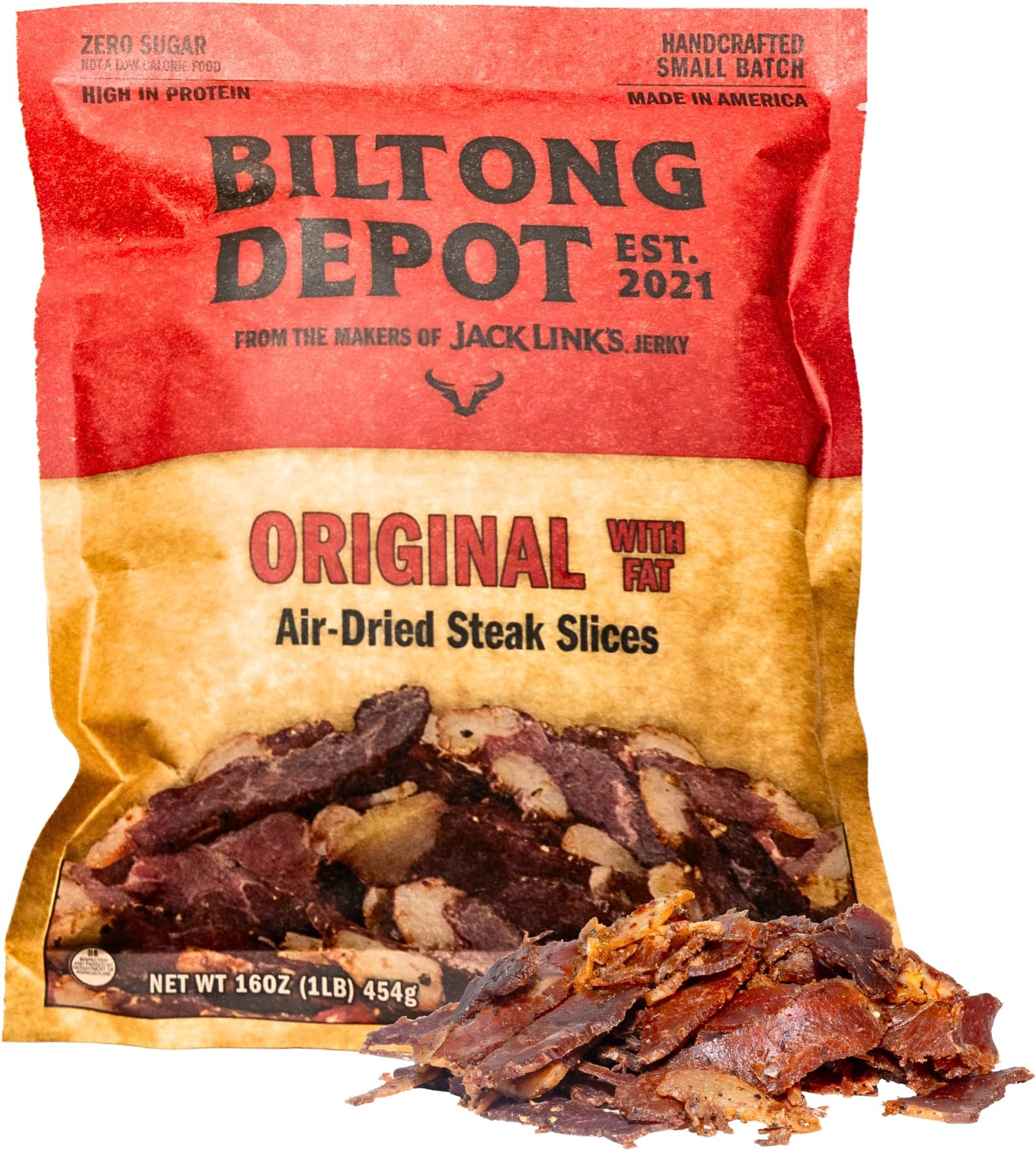 Biltong Depot Original Beef Biltong Slices with Fat โ 1lb (16oz) | Air-Dried Beef Jerky Snack | High Protein | Zero Sugar | Keto & Paleo Friendly | Gluten Free | No Artificial Preservatives | No MSG