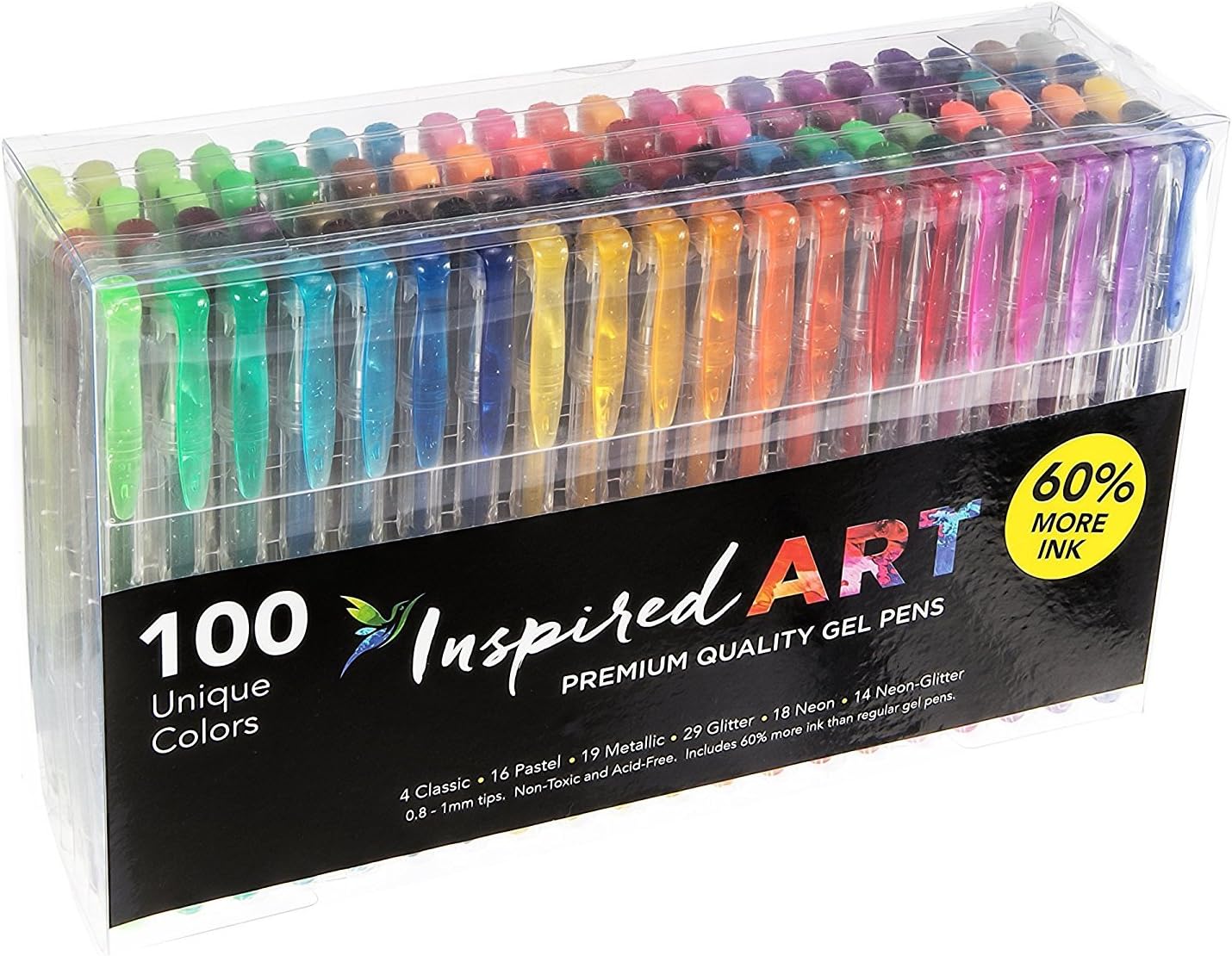 Gel Pen Set for Coloring – 100 Unique Colors (No Duplicates) Superior Quality, Free Flowing. XXL Pack Size - 60% Extra Ink. Includes Sparkly Glitter Pens, Metallic, Neon, Pastel & Classic Shades