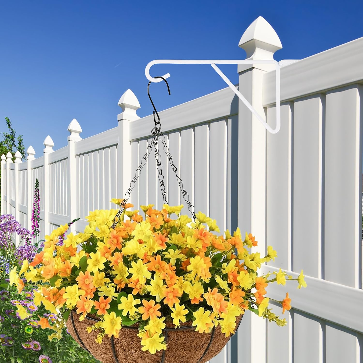 6 Pack Vinyl Fence Hooks 5 x 10 inches Durable Patio Hooks Coated Steel Fence Hangers for Indoor & Outdoor Hanging Plants, Planters,Bird Feeders, Lights, Basket, Decoration White