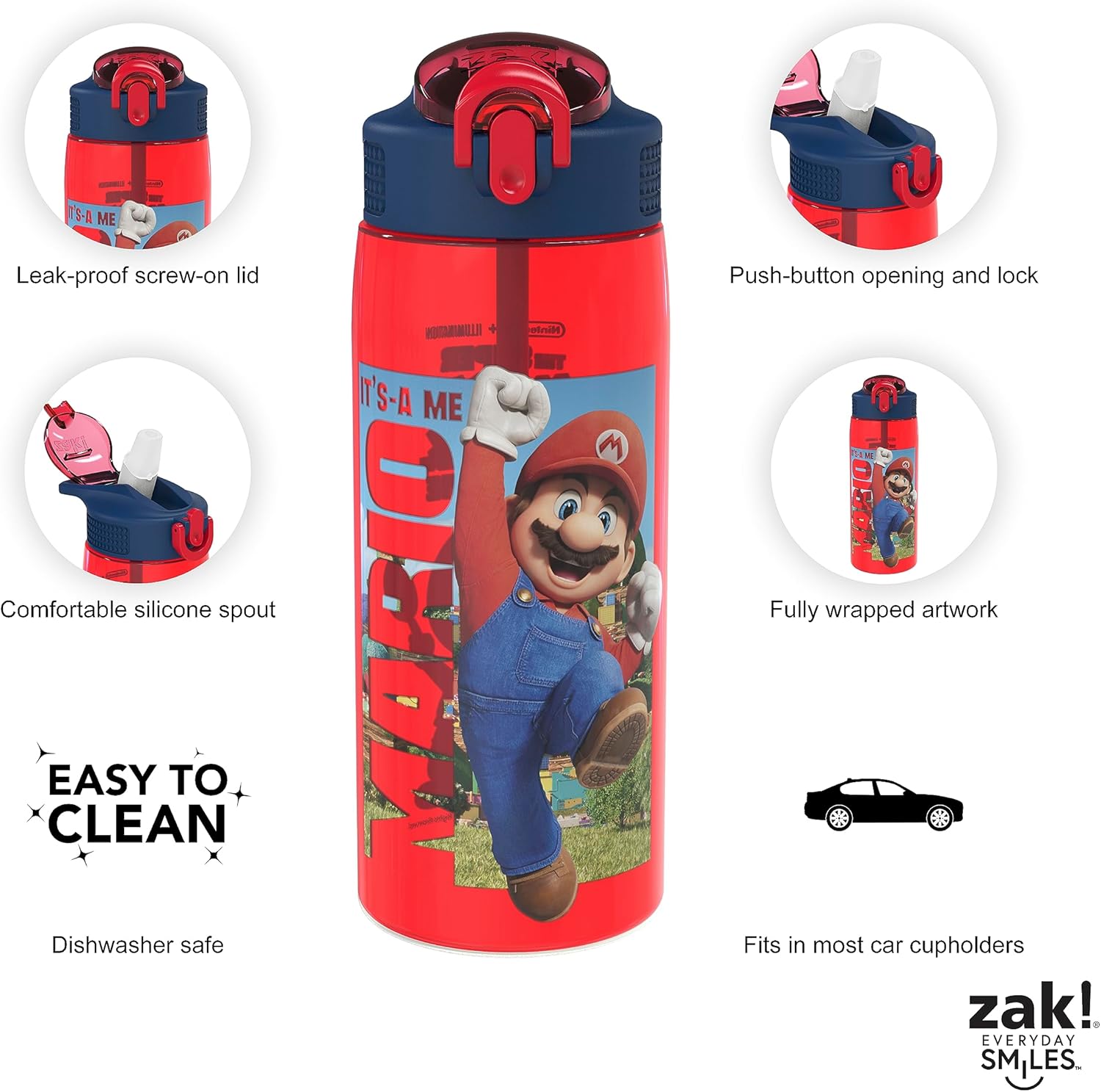 Zak Designs The Super Mario Bros. Movie Kids Water Bottle For School or Travel, 25 oz Durable Plastic Water Bottle With Straw, Handle, and Leak-Proof, Pop-Up Spout Cover (Mario, Toad)