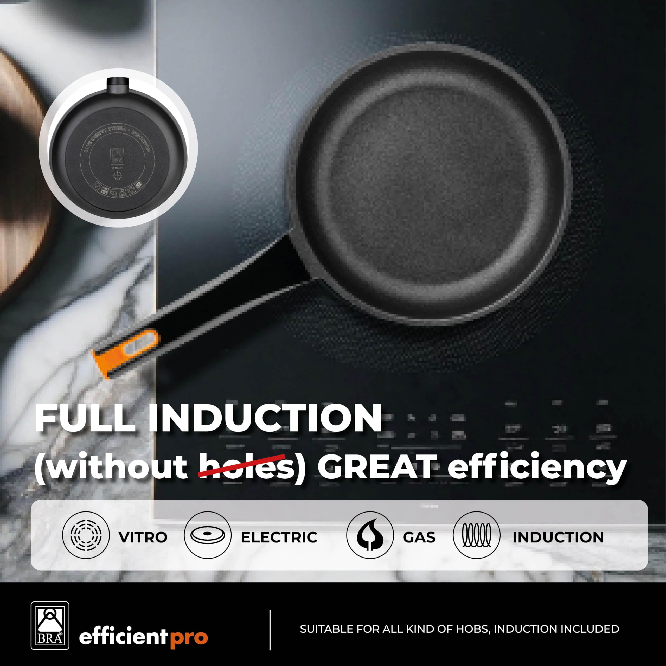 BRA COOKWARE Efficient Pro Sauté Pan w/Glass Lid | 11 inches - 4.2 quarts Non-Stick Cast Aluminum Deep Pan | All Heat Sources Compatible | PFOA Free | Ergonomic Heat-Resistant Handle | Non Deformable