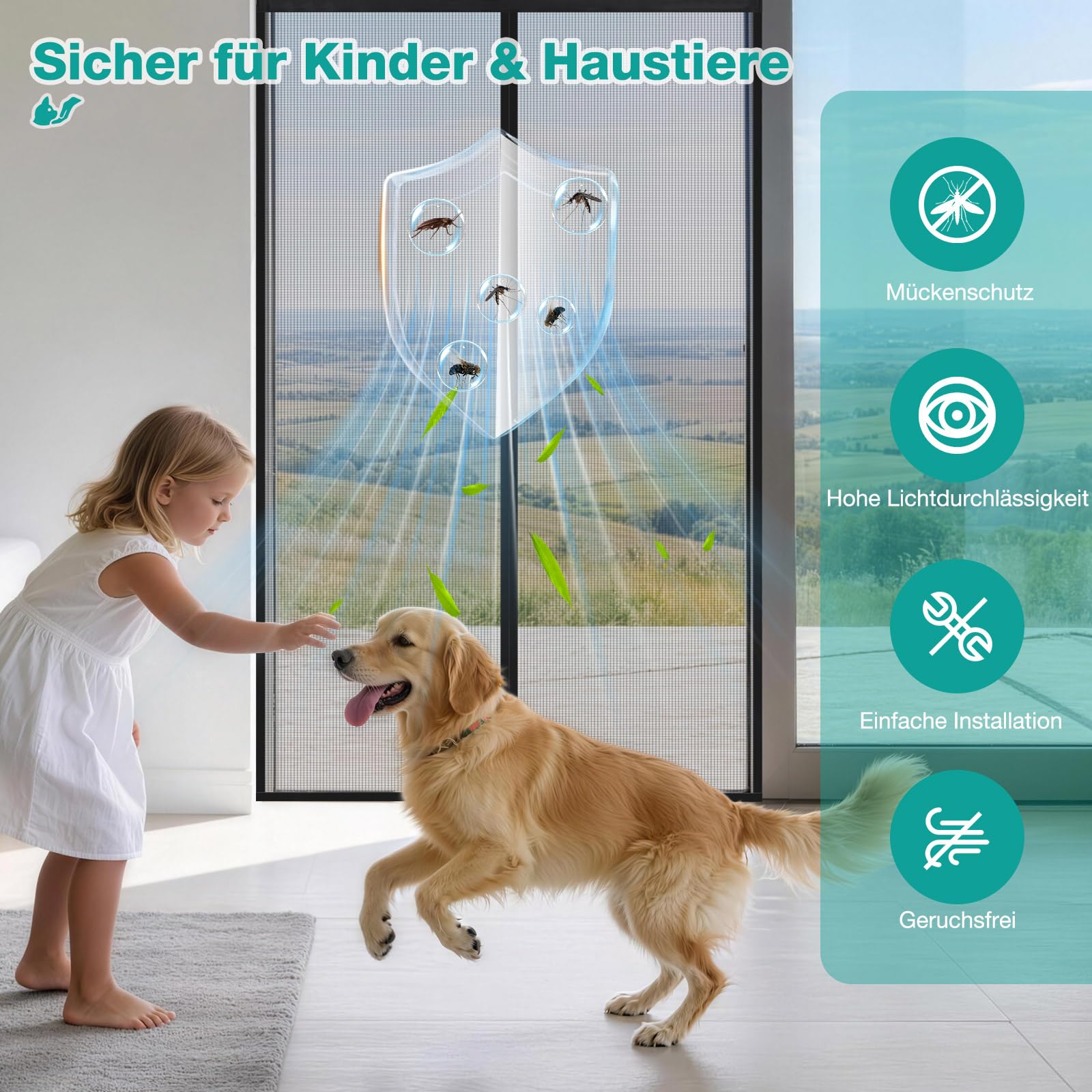 Fliegengitter Balkontür 220x210cm, Magnetische Fliegengitter Tür Ohne Bohren, Lichtdurchlässig, Reißfestes Polyester-Material, Insektenschutz, Einfache Montage, Nicht Kürzbar, Schwarz