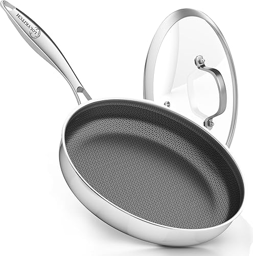 LOLYKITCH Sartén híbrida antiadherente de acero inoxidable de 10 pulgadas con tapa, sartén profunda, sartén, sartén de inducción, resistente y apta