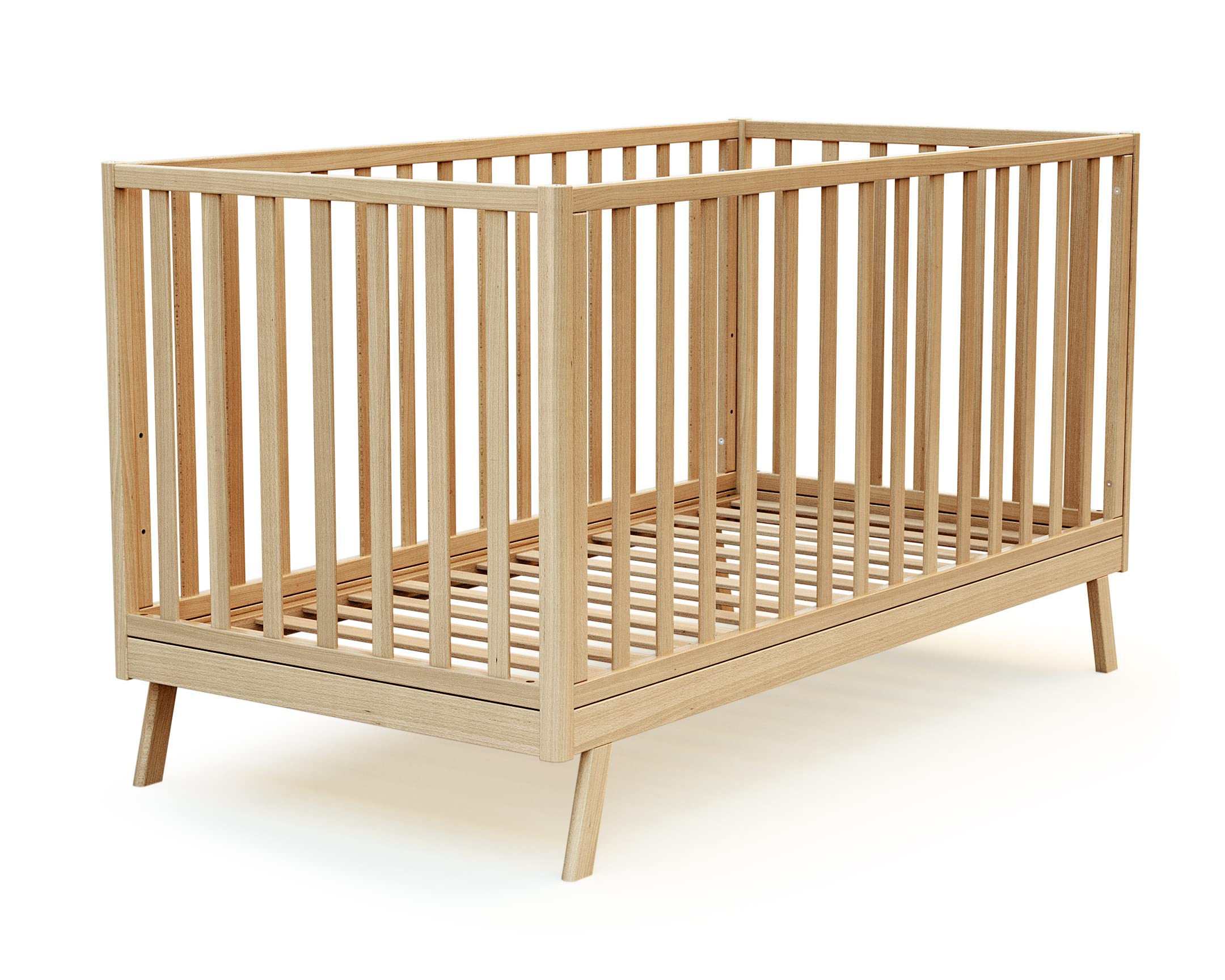 AT4 - Lit bébé évolutif en bois KASA Hêtre Verni 70 x 140 cm | 146 x 74,5 x 83 cm | Sommier réglable 3 hauteurs | Échelle amovible | Transformable en lit junior