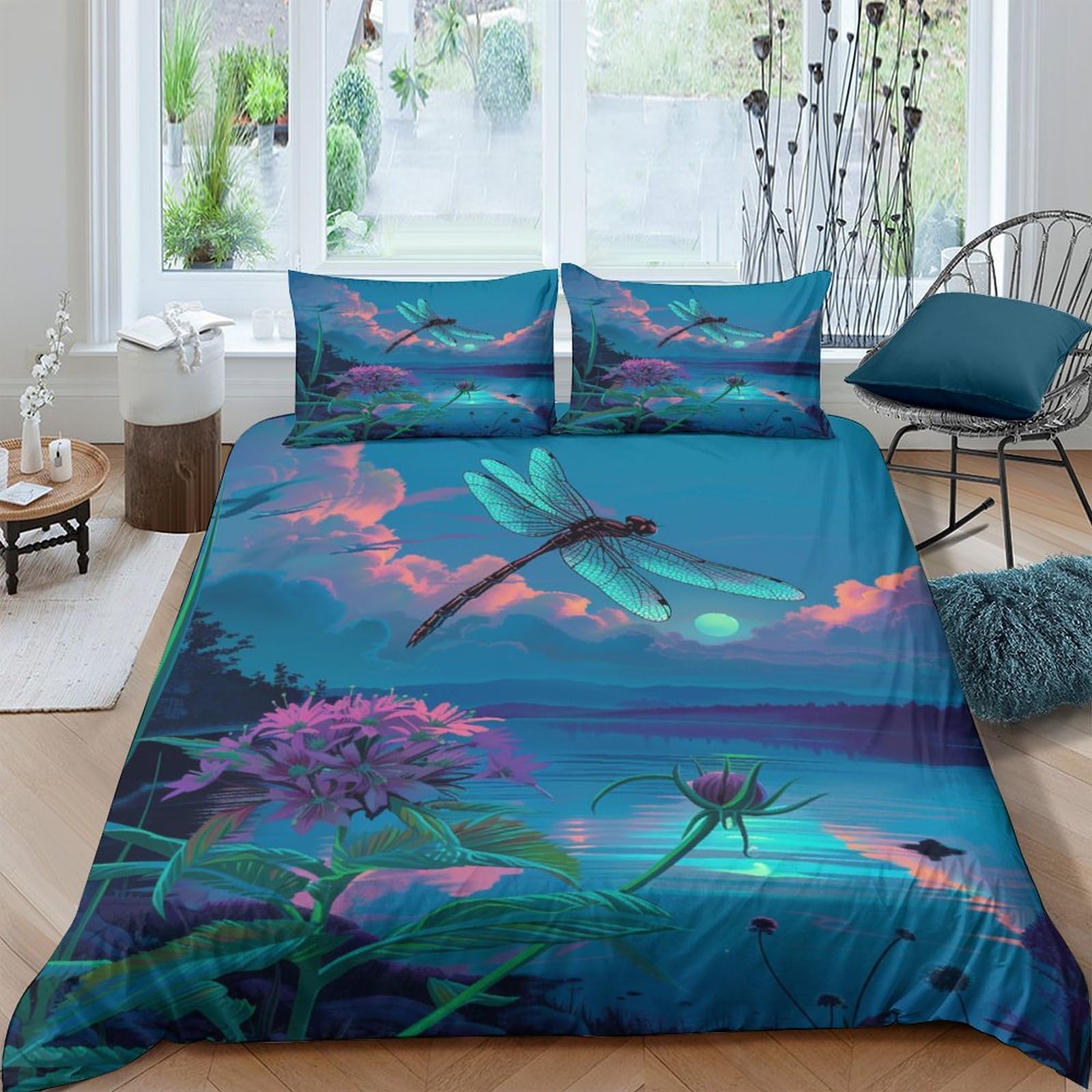 Housses de couettes libellules 3 pièces en microfibre anti-plis avec fermeture éclair pratique
