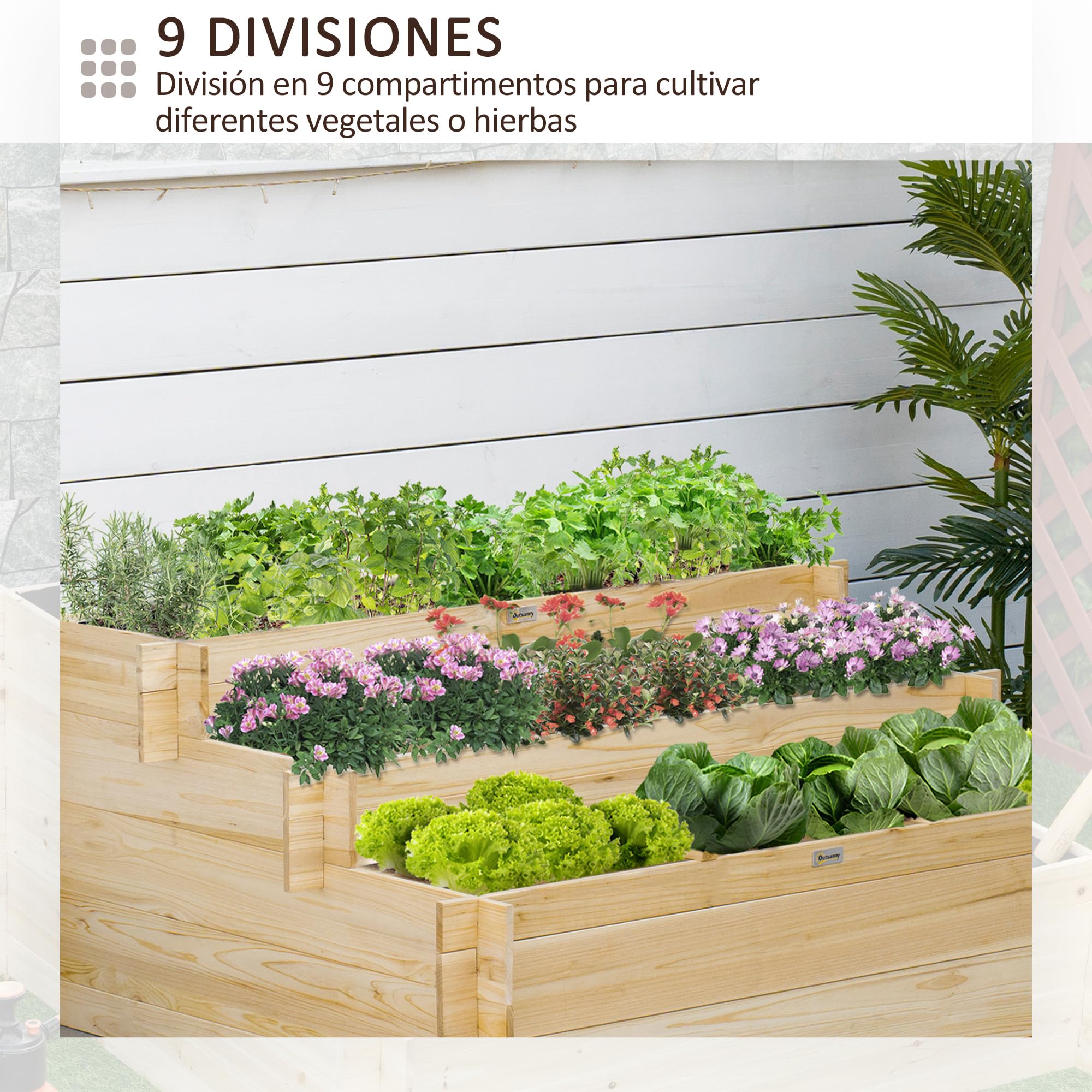 Outsunny Huerto Urbano 3 Niveles Tela Geotextil 117x100x54 cm Natural | Jardinera de Madera, para Cultivos Plantas Flores, para Jardín Terraza Exterior