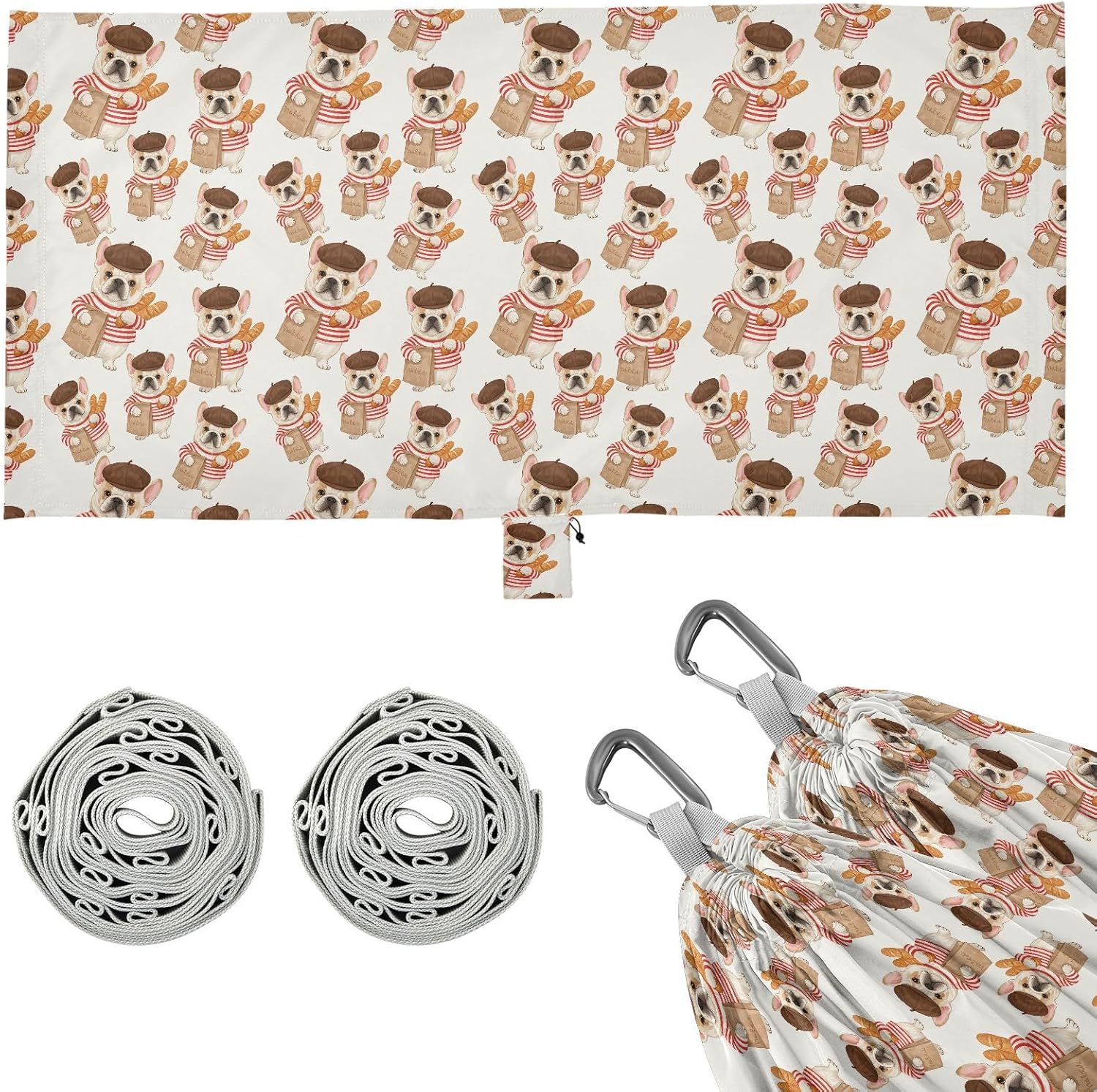 ALAZA Dogs French Bulldog Beret Camping Hammocks Single or 2 Person 500 lbs Portable Parachute Travel Hammock w/Tree Straps for Hiking Backpacking Indoor Outdoor