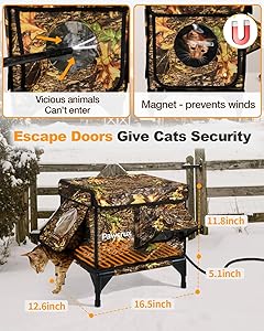 Weatherproof Heated Cat House for Outdoor in Winter, Heated Cat Bed Kitty Shelter with Cat Heating Pad, Insulated & Safe Escape Door, Warm House for Outside Stray Cat(Leaf Color, 12"x16"x16")