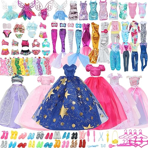 60 piezas de ropa y accesorios para muñecas, vestidos de boda, tops diarios, pantalones, trajes de baño, bikini, 10 minivestidos, faldas, perchas