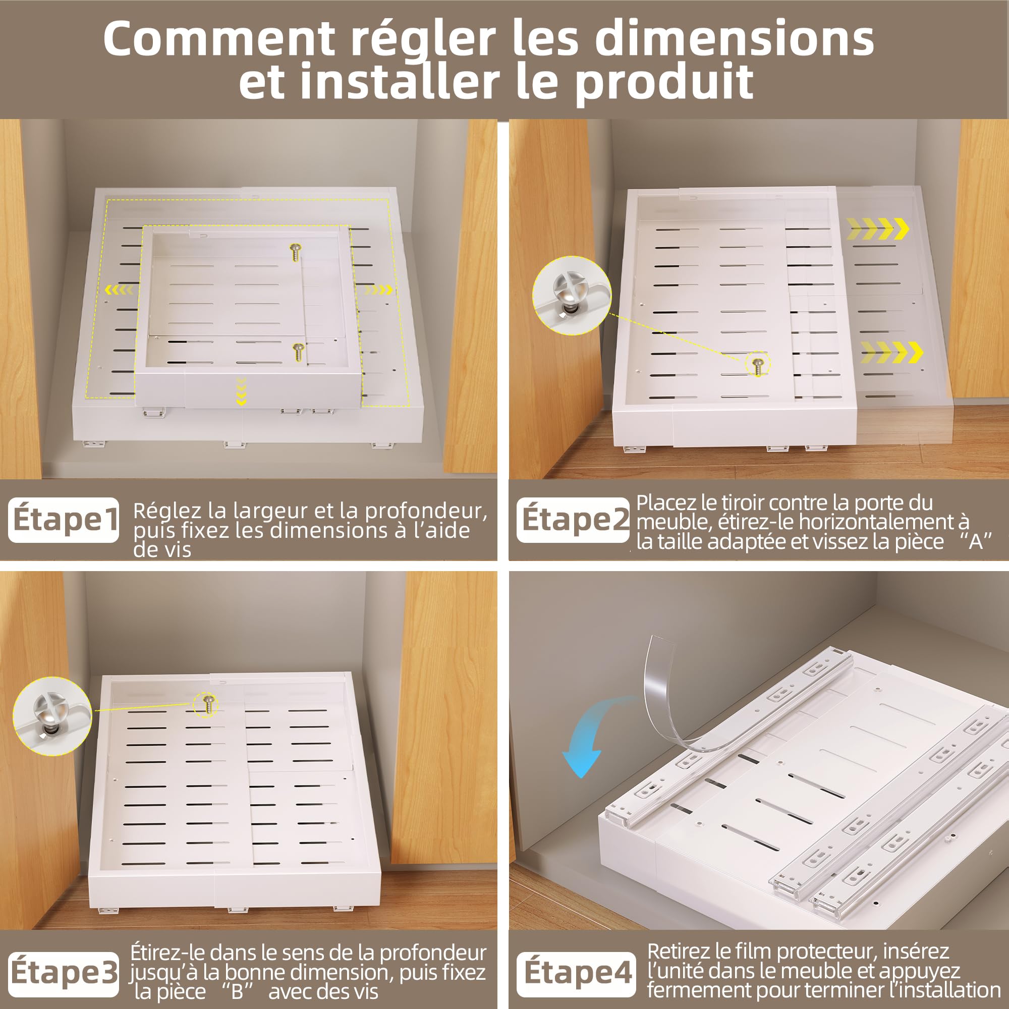 NETEL Lot de 2 tiroir coulissant cuisine,extensible sur 4 côtés，plateau coulissant placard，tiroirs télescopiques，30-49.5cm Largeur, 41.5-55cm Profondeur,Fixation Autocollante ou par Vis,Blanc