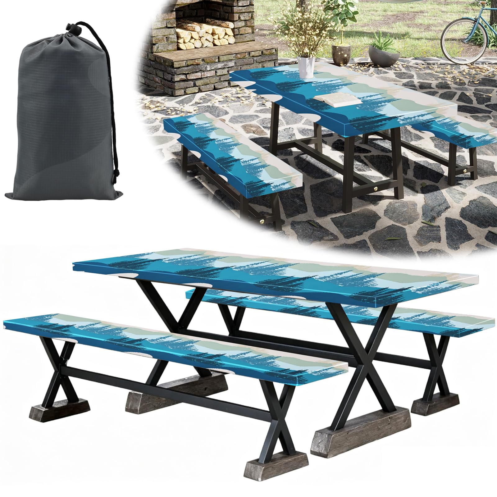Bpyhebe 3PCS Picnic Table Cover Protector, Waterproof Windproof Print Camping Tablecloth with Bench Covers 2 Seater and Drawstring Bag, Elastic Edge Polyester Fitted 182×76 cm Rectangle Tables(C)