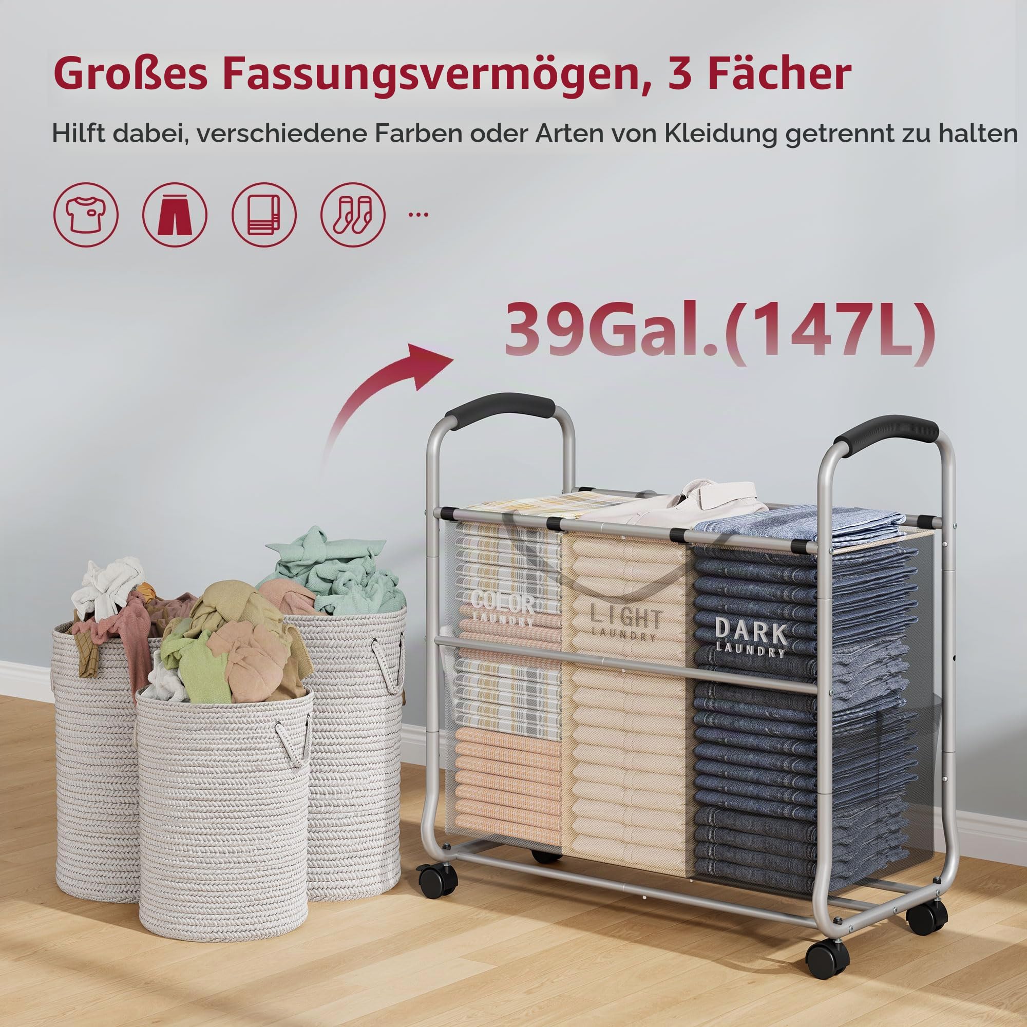 Tajsoon Wäschesammler 3 Fächer, Grau + Beige + Schwarz | Wäschesortierwagen, Robuste feststellbare Räder, Abnehmbare Taschen, Getrennter Wäschekorb