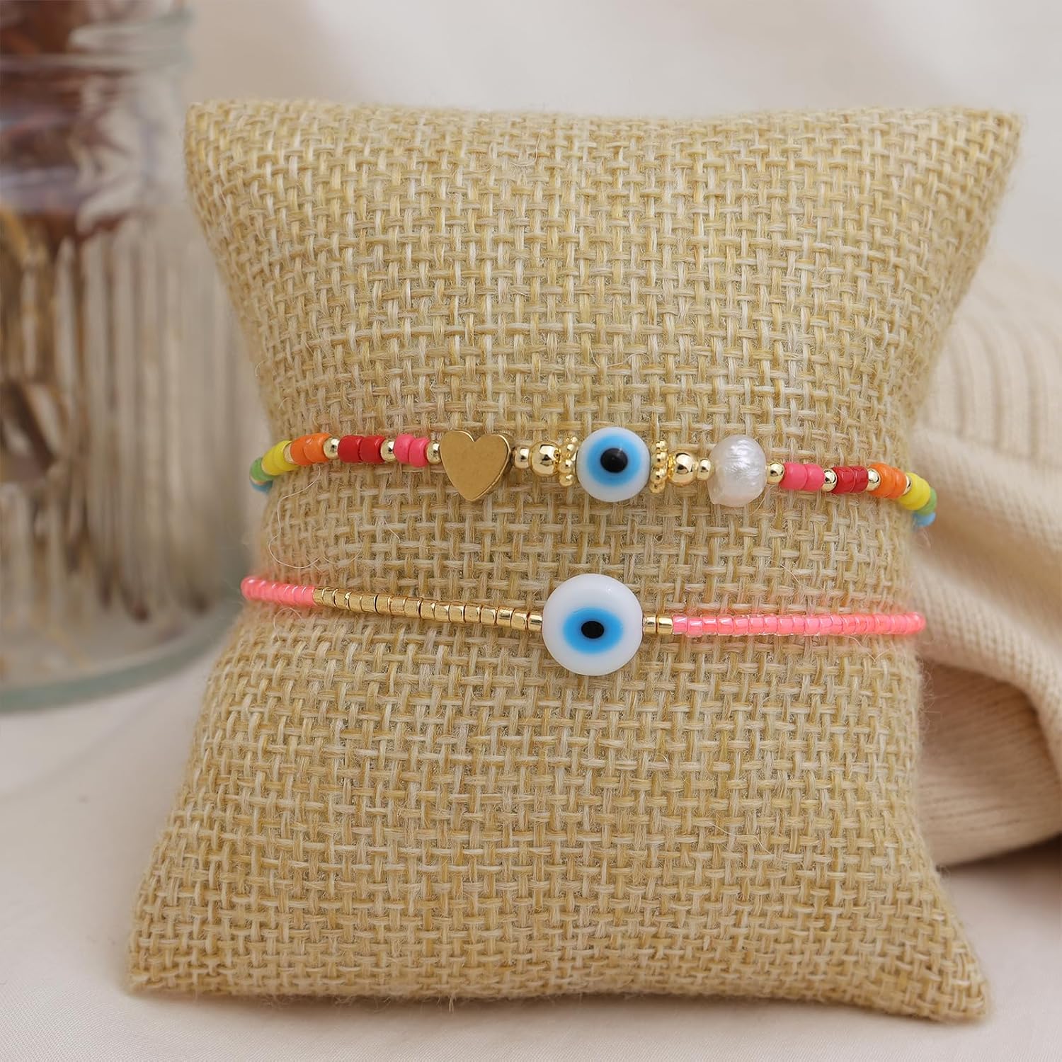 Rainbow Beads Pearl Bracelets for Women, Cute Dainty Evil Eye Boho Handmade Adjustable Colorful Beaded Stackable Strand Bracelet Prom Jewelry Gift. - Image 4