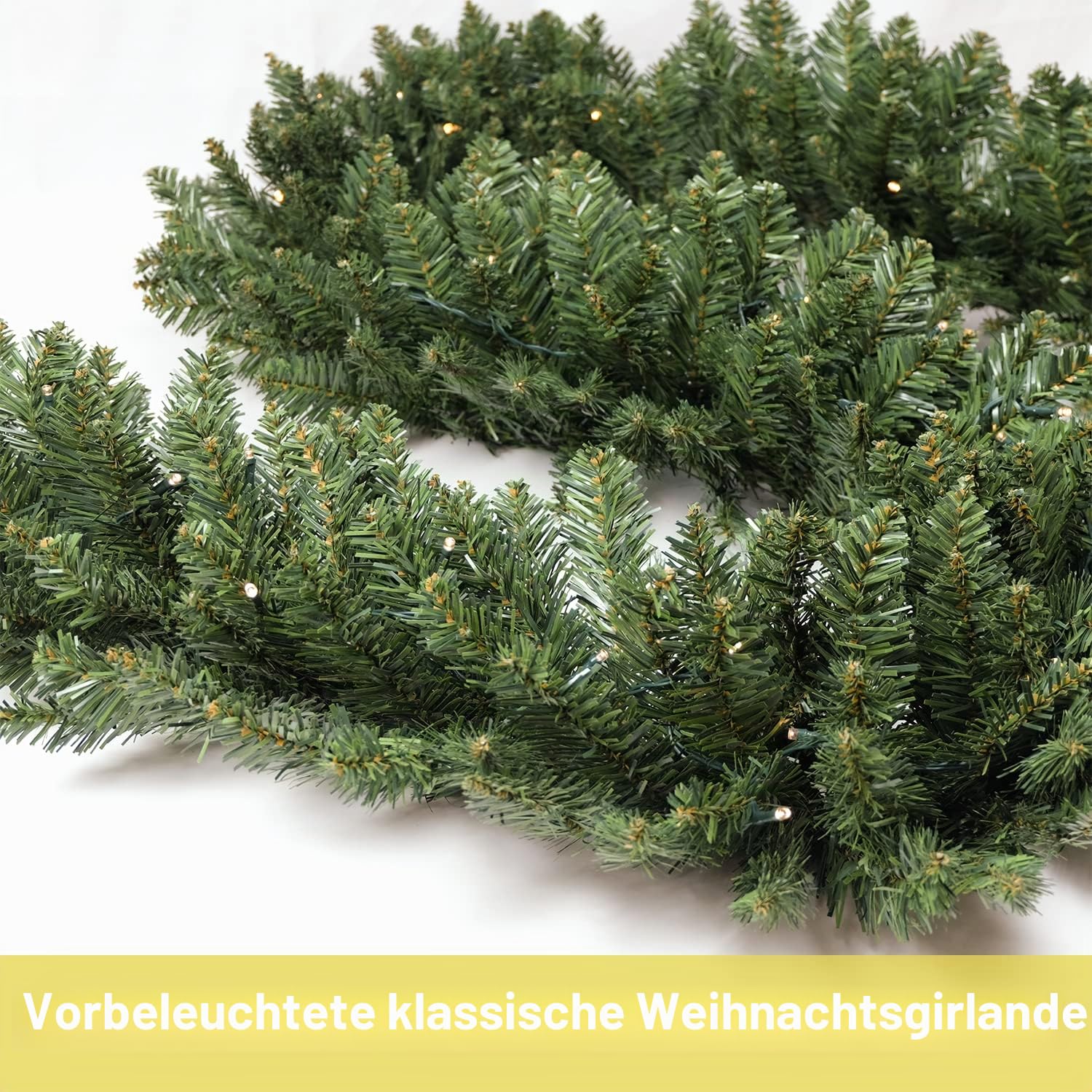 HomeKaren Weihnachtsgirlande, 2,7 m, mit 50 LEDs, 320 Spitzen, vorbeleuchtete Frasertanne, Weihnachtsgirlande mit 50 LED-Lichtern, üppiger und klassischer grüner Stil für Innen- und Außendekoration