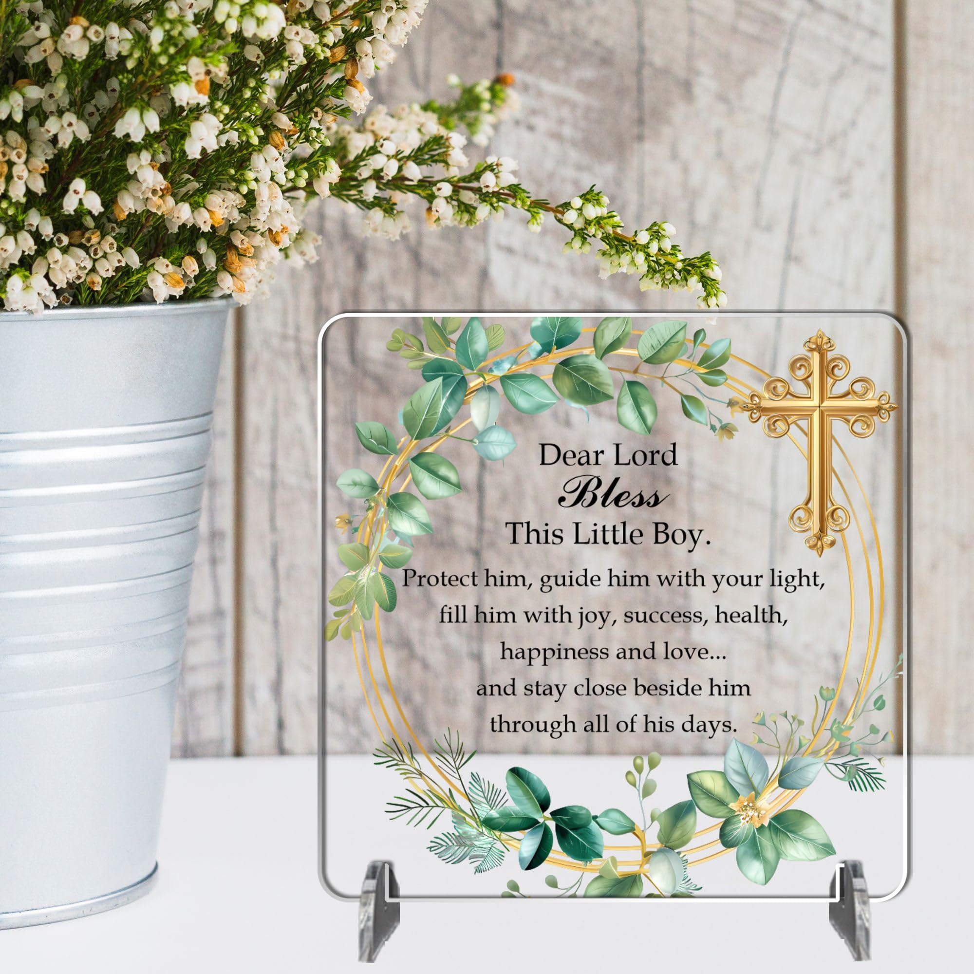 Baby Blessing Plaque | Christening Baptism Gift | Religious for Baby Boy or Girl | Godchild Prayer Plaque | Catholic Dedication Gift (Boy - Green Leaf, Acrylic, Large: 23 cm (H) × 23 cm (W))