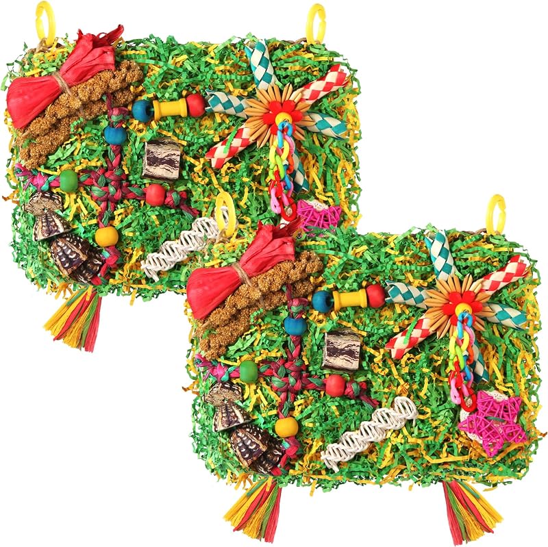 YIXUND Juguetes para pájaros, juguetes para periquitos, jaula de forraje y trituración de loros de gran tamaño, juguetes colgantes con tapete de pasto marino para periquitos, cacatúas, tortolitos, conures, loros pequeños y medianos