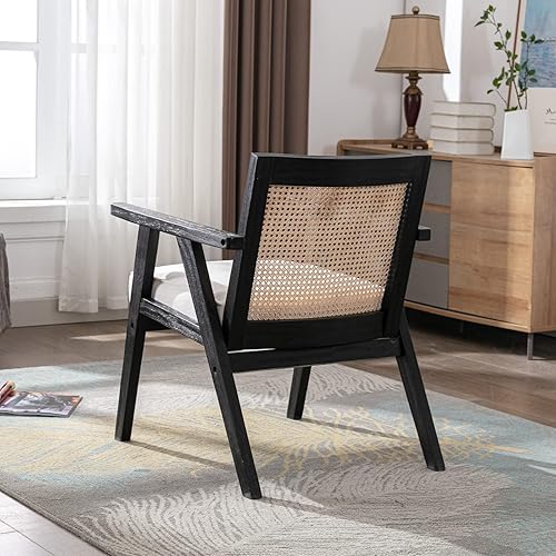 Miniatura 8 de chairus Silla decorativa para sala de estar, sillón tapizado de lino con respaldo de ratán transpirable y madera maciza negra, moderna y compacta