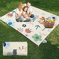 Portable Extra Large Outdoor Picnic Blankets,Sand Free Foldable Beach Mat,Travel Outdoor Camping Blanket,Music Festival Lawn Mats,Cartoon Flower,82.6 x 86.6 Inches,1 Piece