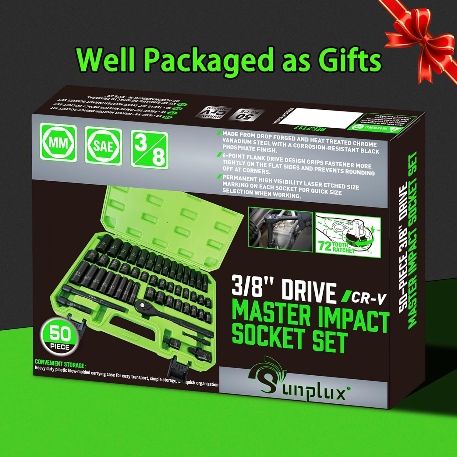 3/8" Drive Socket Set 50-Piece, SAE (5/16" - 3/4") & Metric (8mm - 22mm), Deep & Shallow Impact Socket Set with Case, 6 Points, Premium CR-V, Extension Bars, Universal Joint & Power Drill Adapter