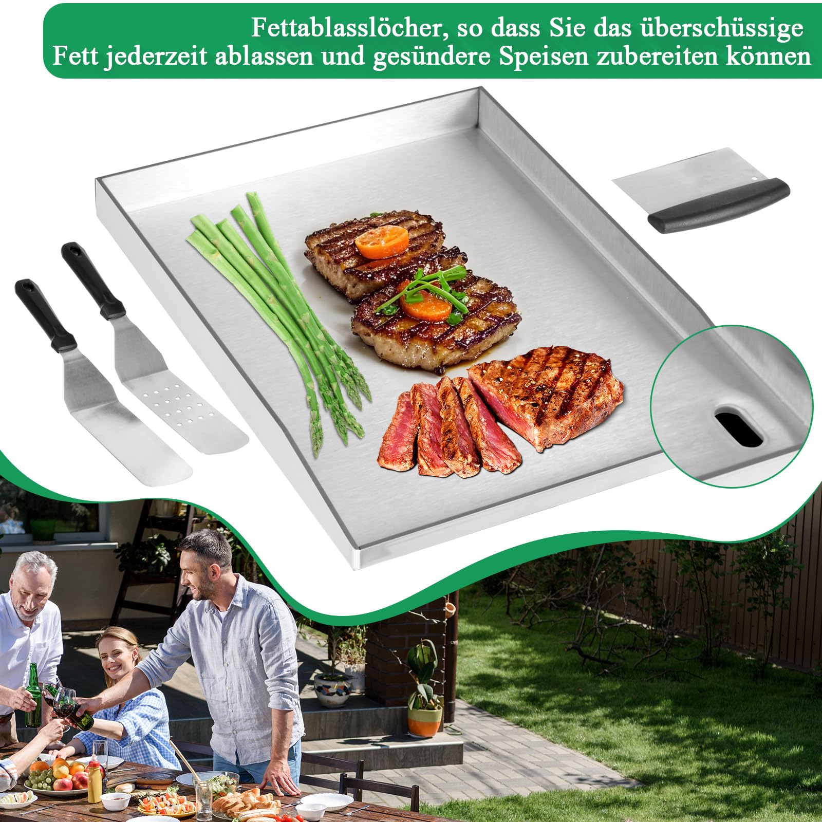 WELL GRILL Plancha Grillplatte Edelstahl 4mm für Gasgrill & Holzkohlegrill, 40 x 30cm BBQ Plancha Grillplatte mit Grillspachtel Set, Rundum Auslaufen