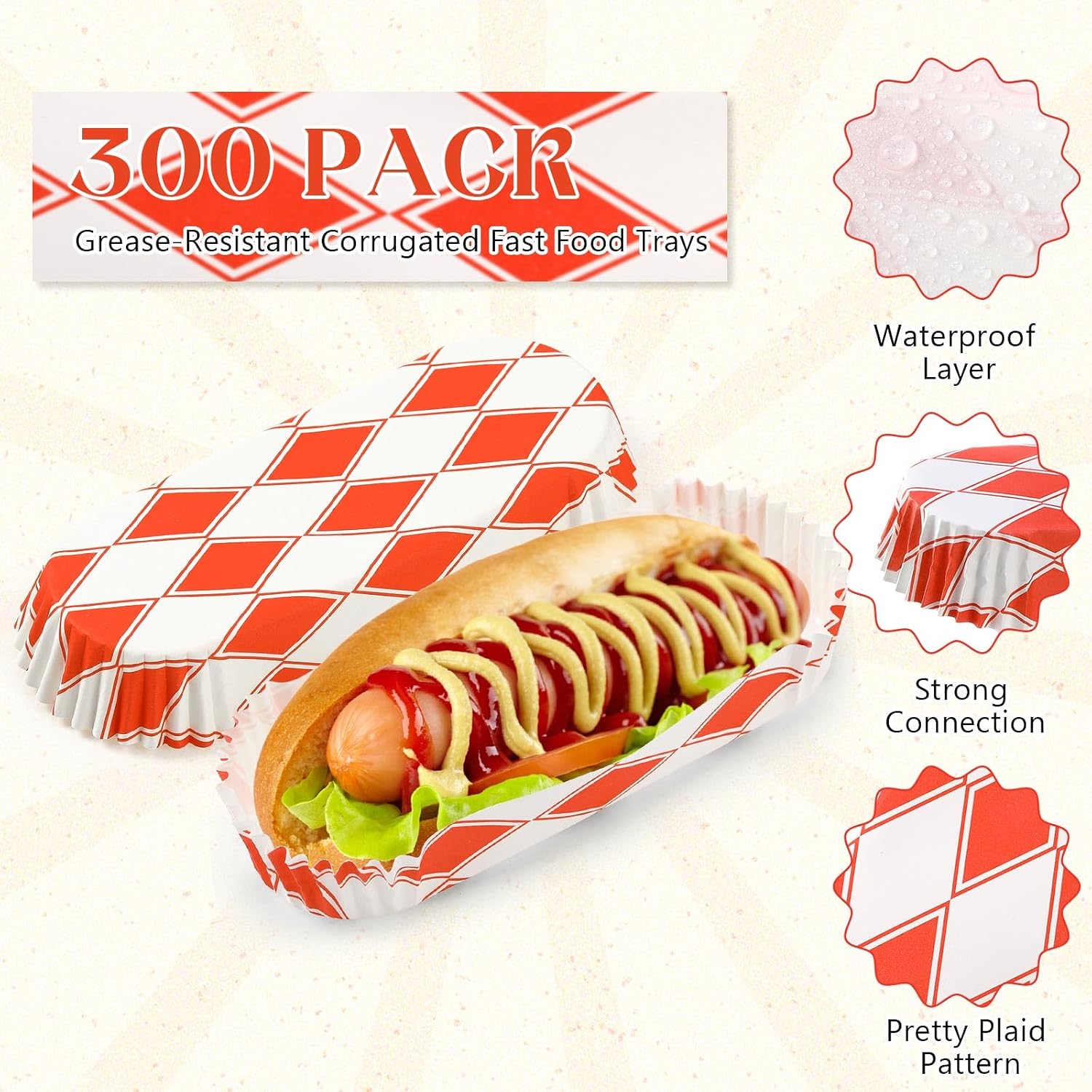 Yinkin 300 Pcs Paper Hot Dog Trays Food Trays 6 Inch,Red,Diamond Grid image 3