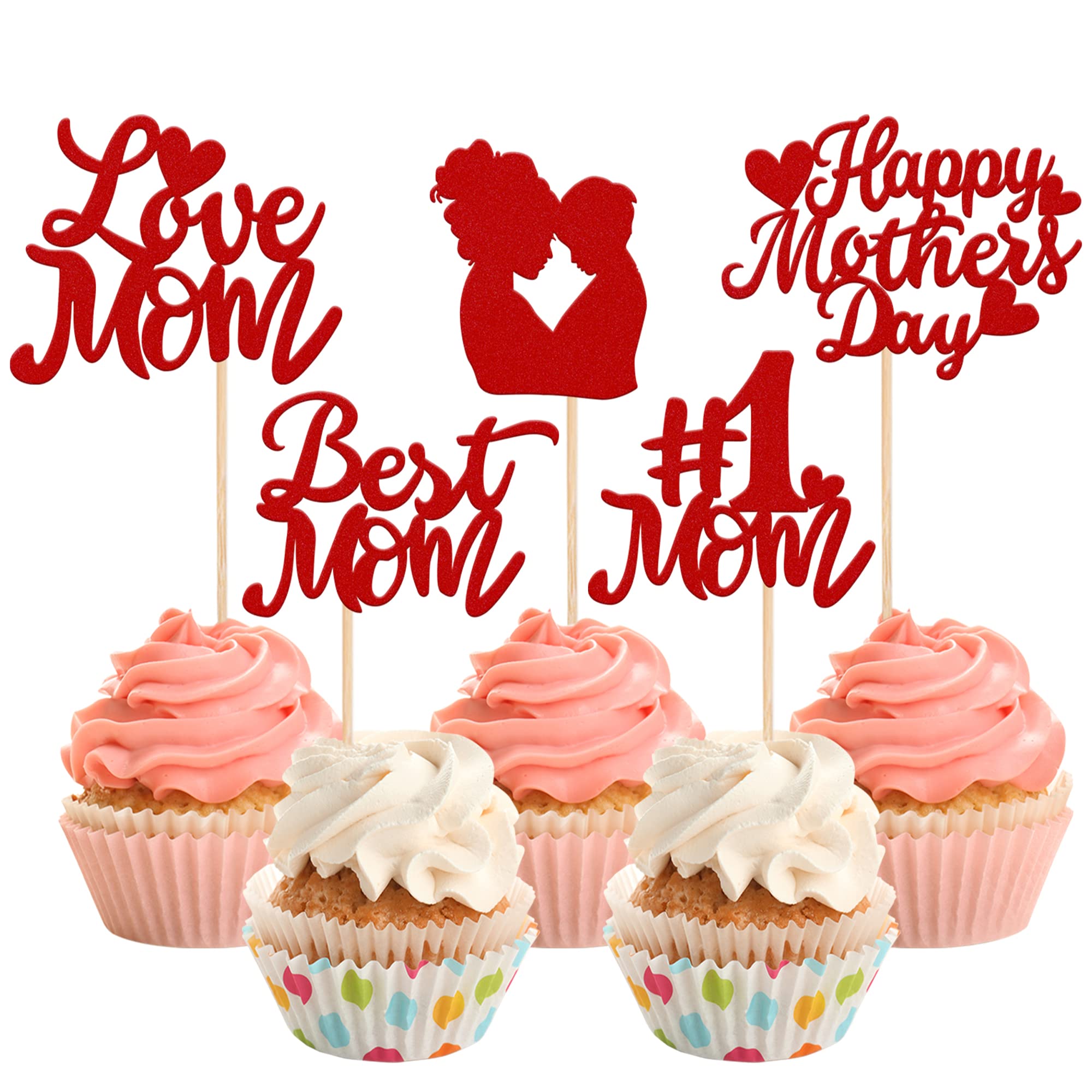 Rsstarxi 30 Pack Happy Mother's Day Cupcake Toppers Best Mom Love Mom Cupcake Picks Happy Mother's Day Cake Decortions for Happy Mother's Day Birthday Party Supplies Red